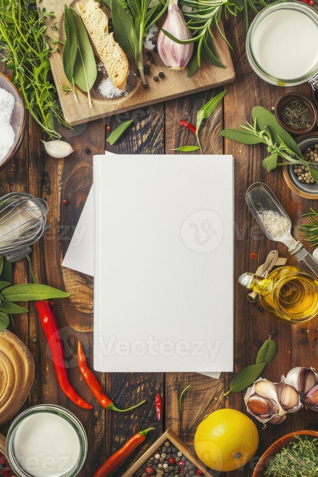 Blank cookbook on a wooden table with cooking ingredients and utensils. photo
