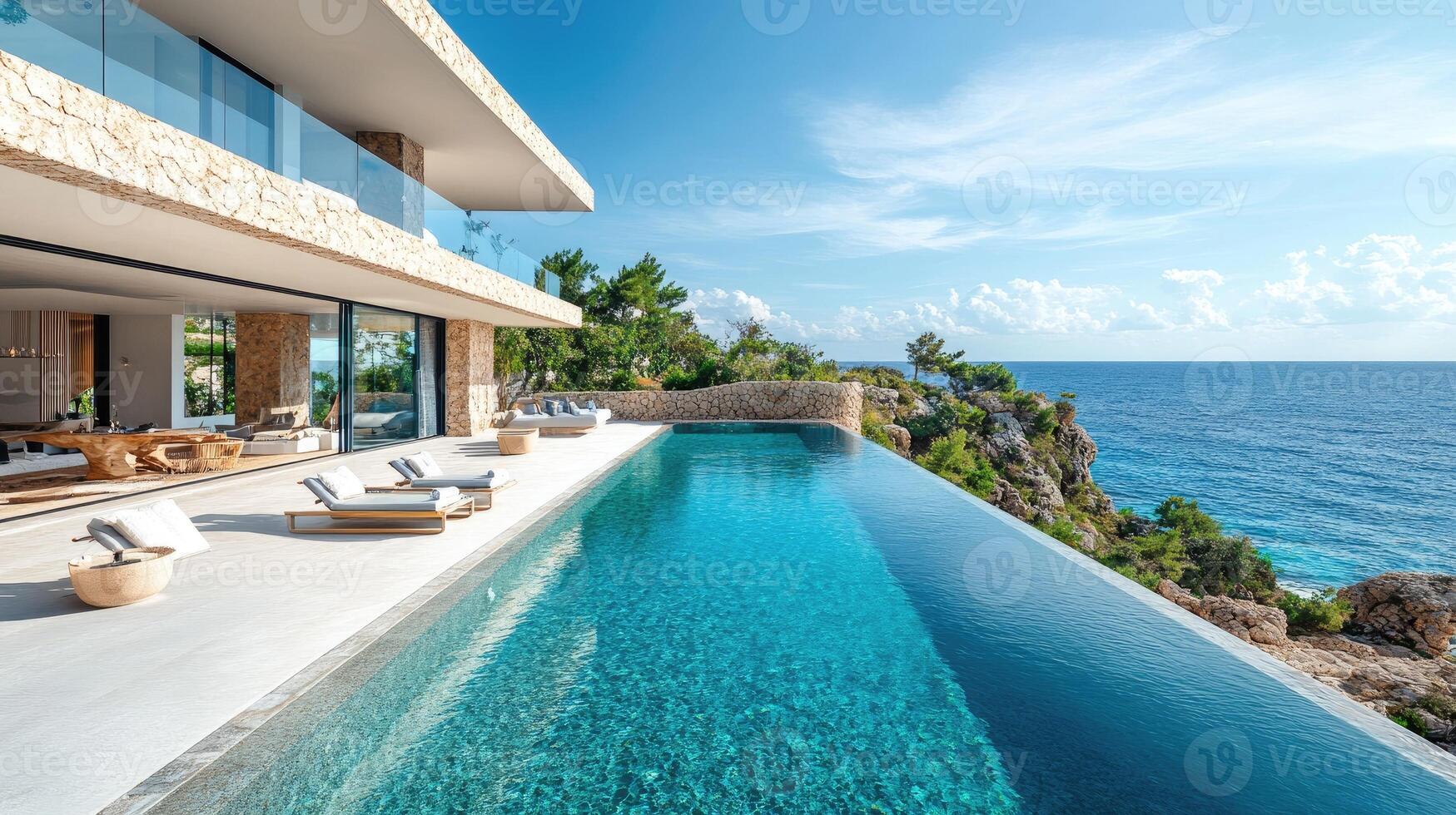 Luxury infinity pool overlooking the ocean at a modern villa photo