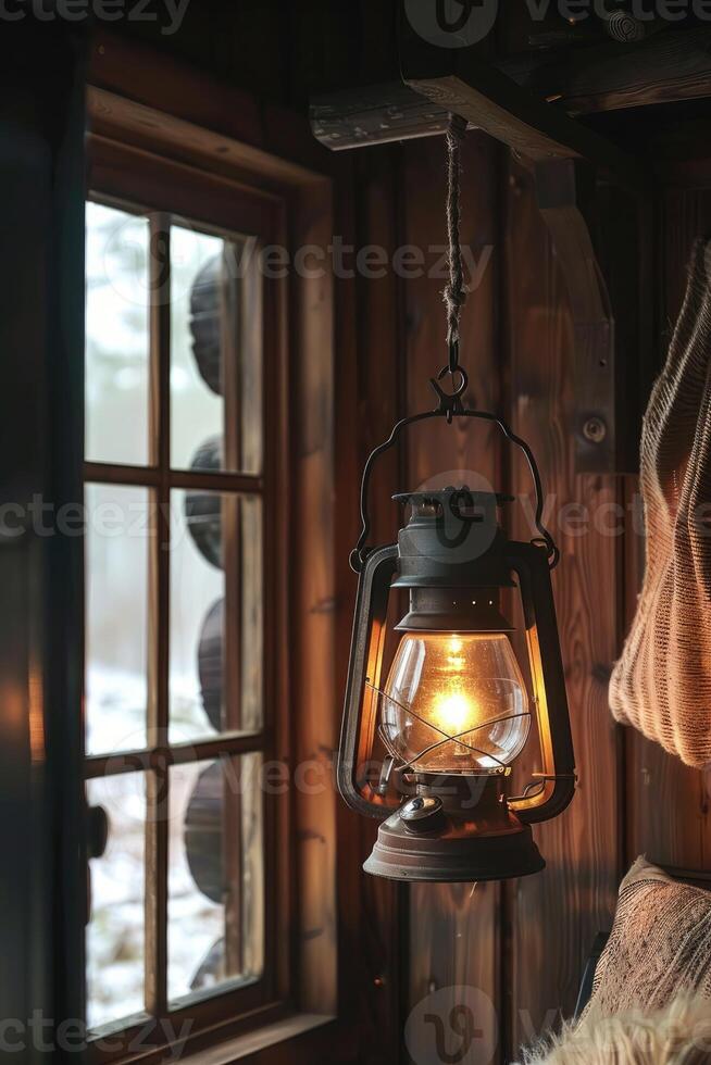 Old rusty kerosene lantern hanging and glowing by the window of a log cabin photo