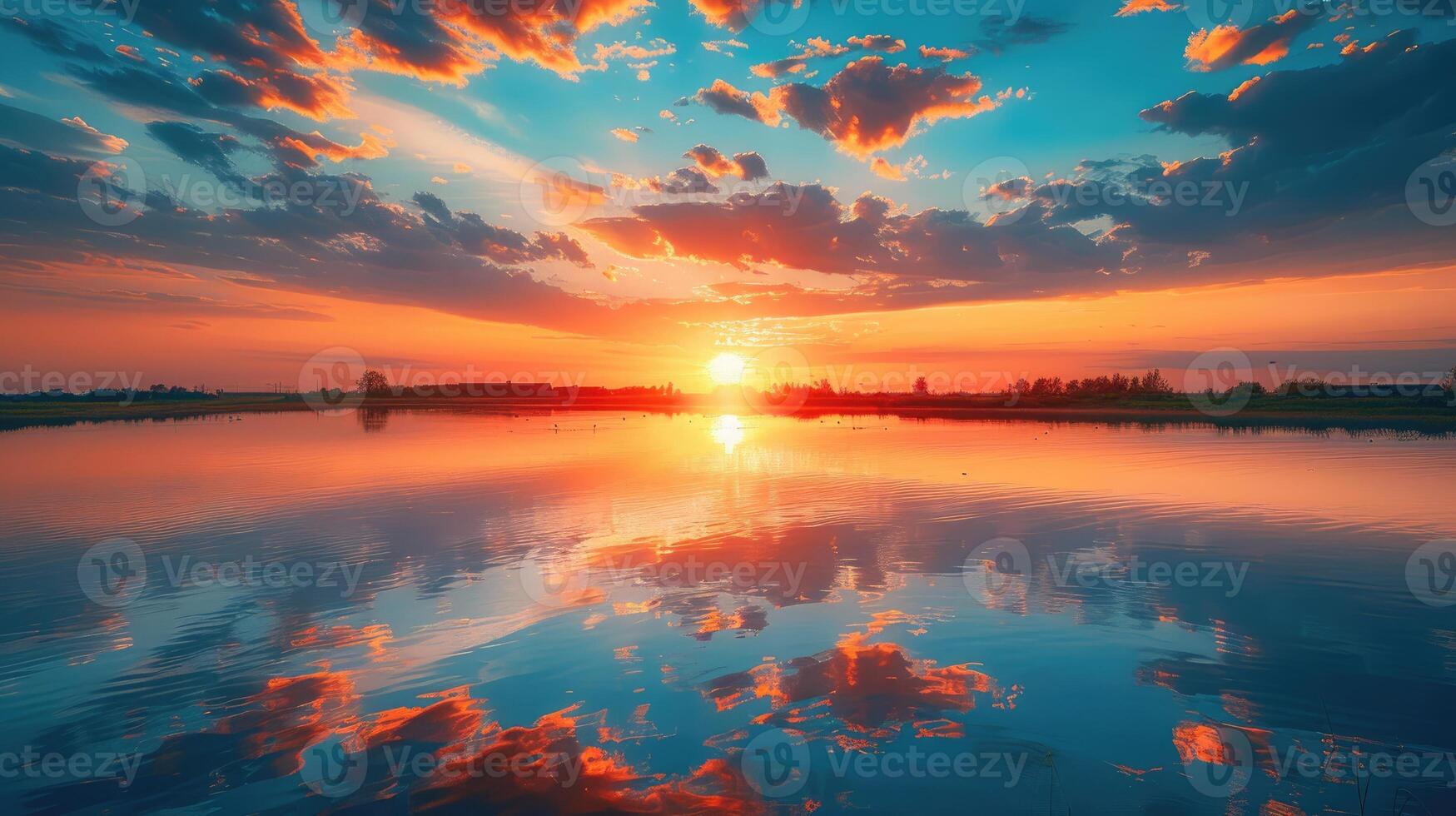 Colorful sunset reflecting on calm lake water surface with dramatic sky photo