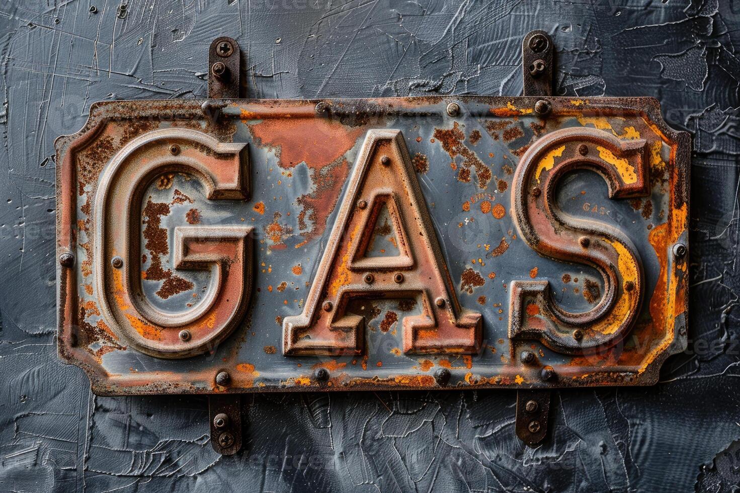 Vintage gas station sign with bold letters and rusted metal background. photo