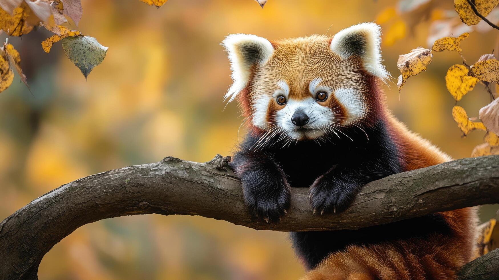Red panda relaxing on a branch in an autumnal forest photo