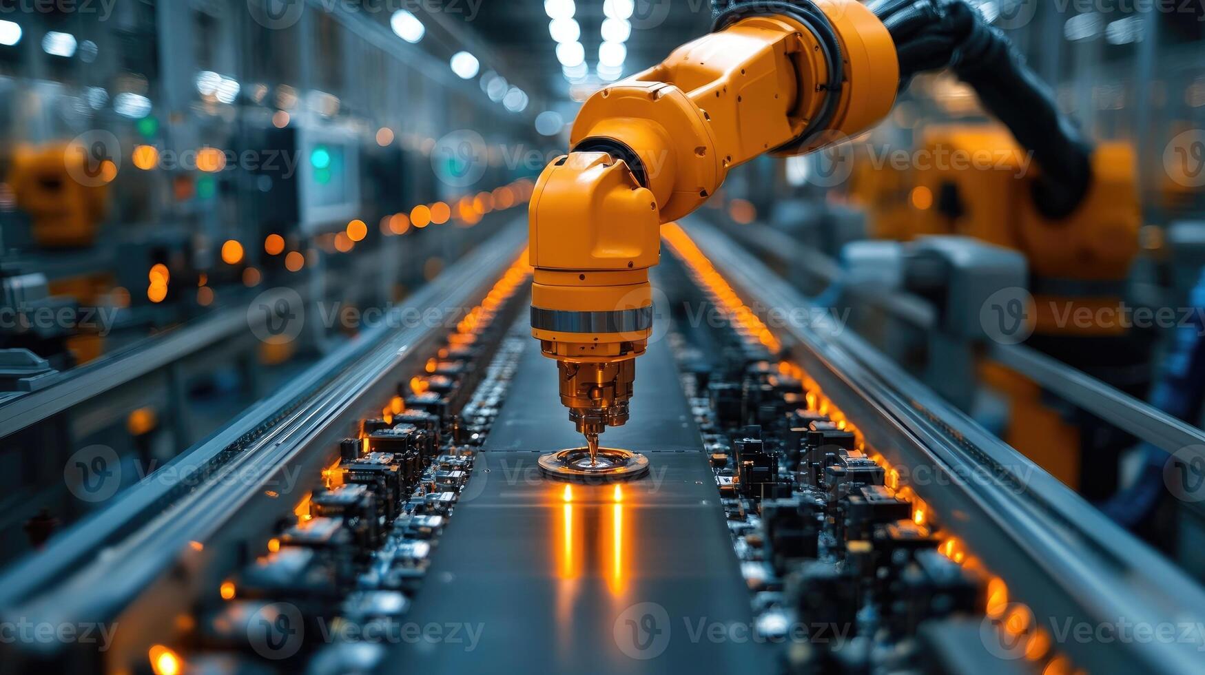 Industrial robot arm working on conveyor belt in factory photo