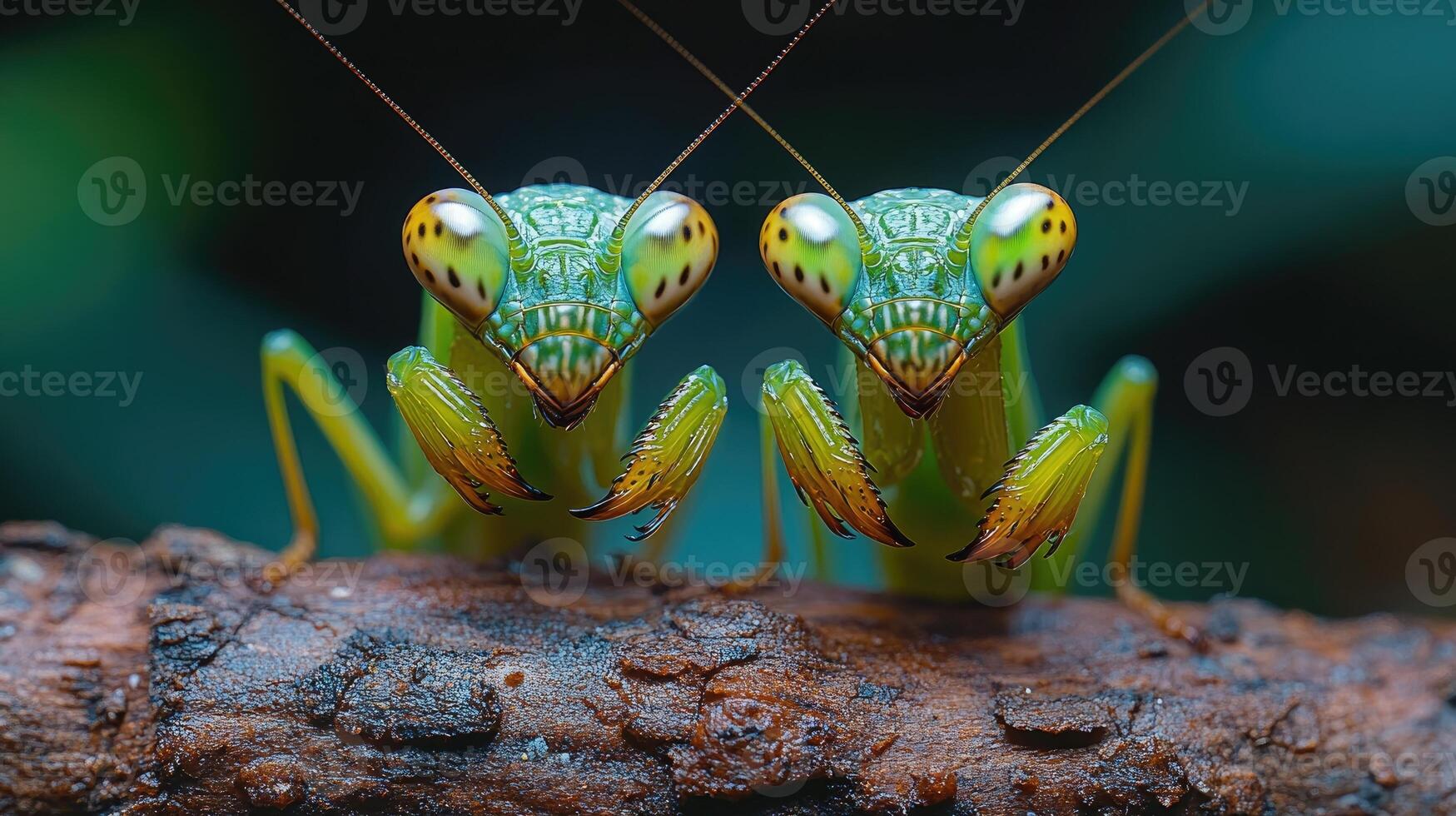 Two green praying mantises are standing on a branch photo