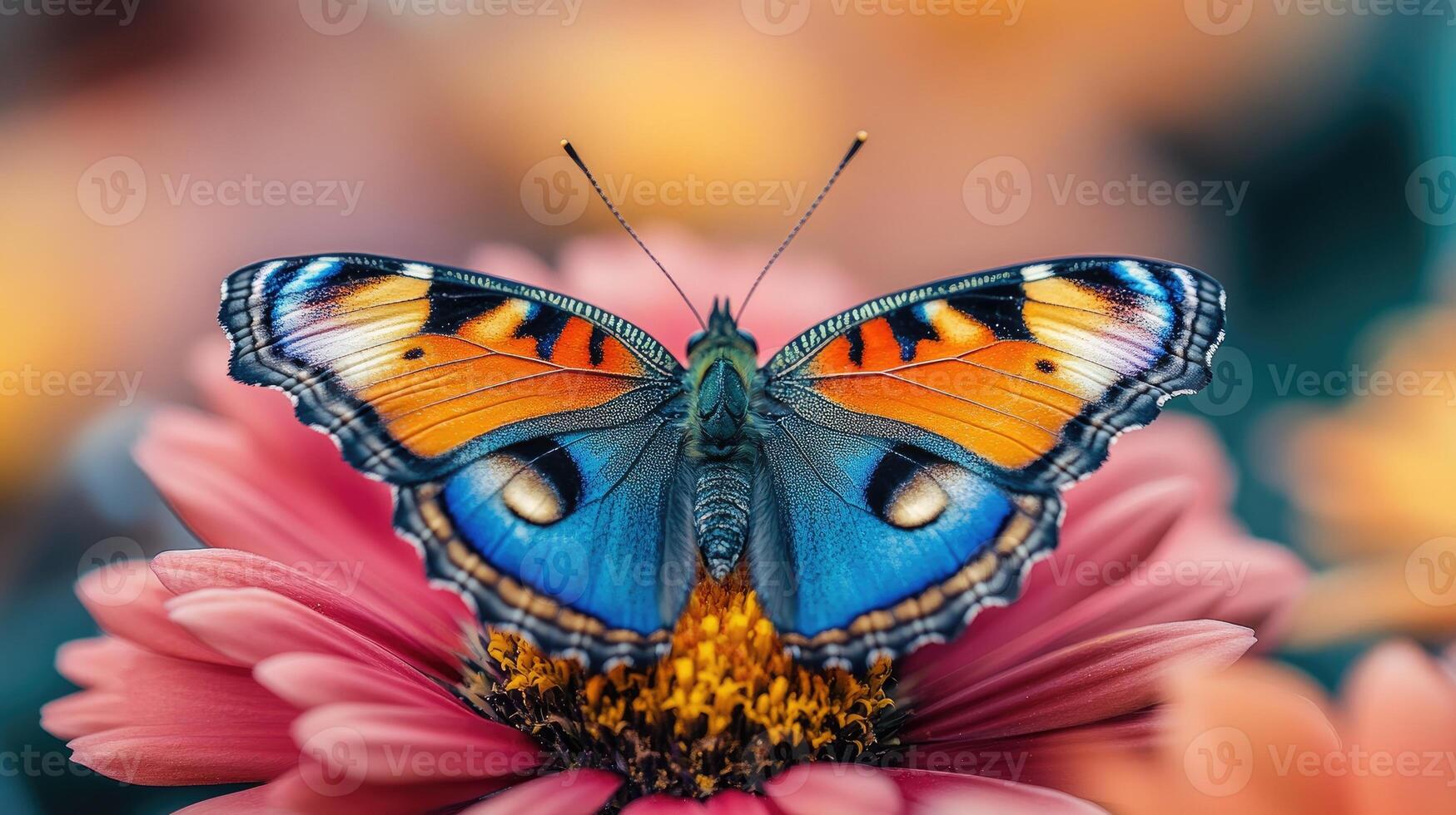Beautiful peacock butterfly opening wings on colorful flower photo