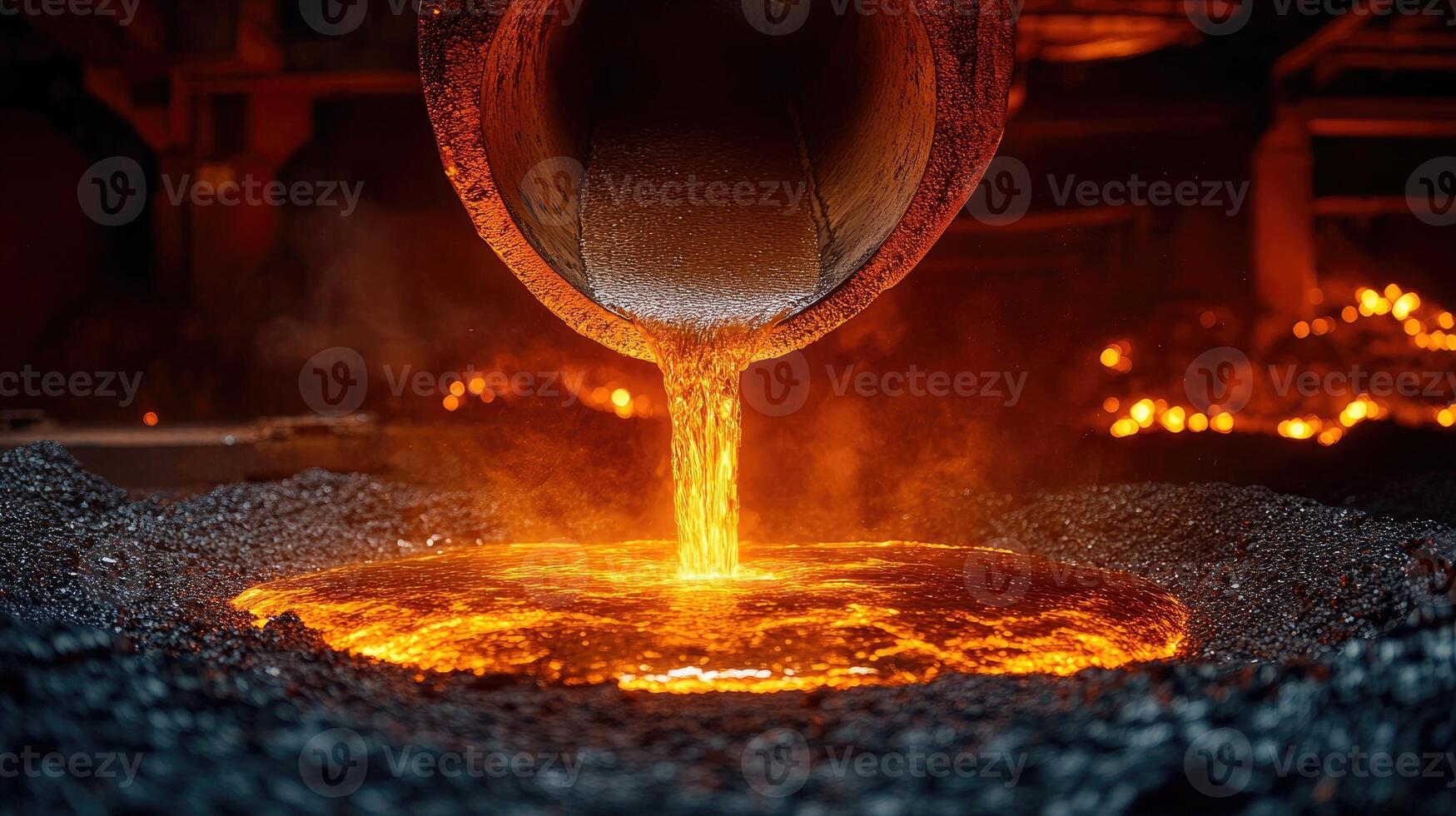 Liquid molten slag pouring from giant ladle in foundry photo