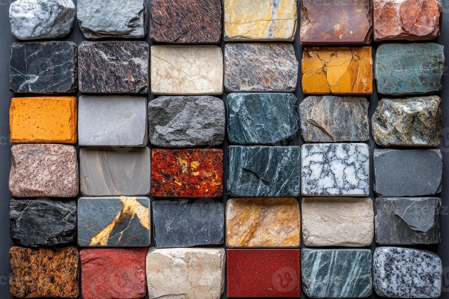 Geologist arranging colorful stones creating mosaic of natural textures photo
