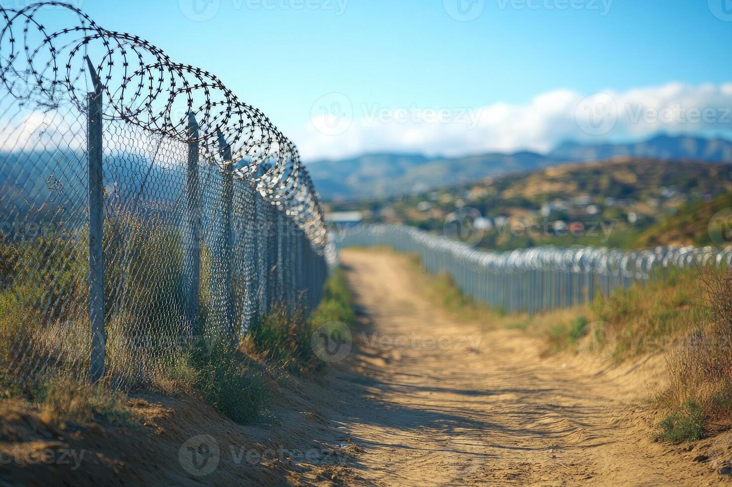 Barbed wire fence protecting the perimeter of a secure area photo