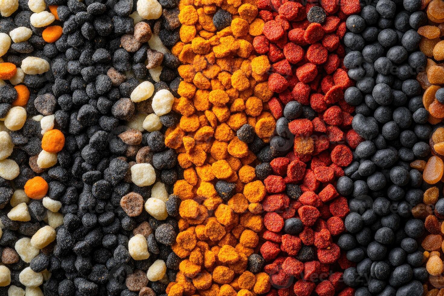 Colorful dry pet food in a row forming a background image photo