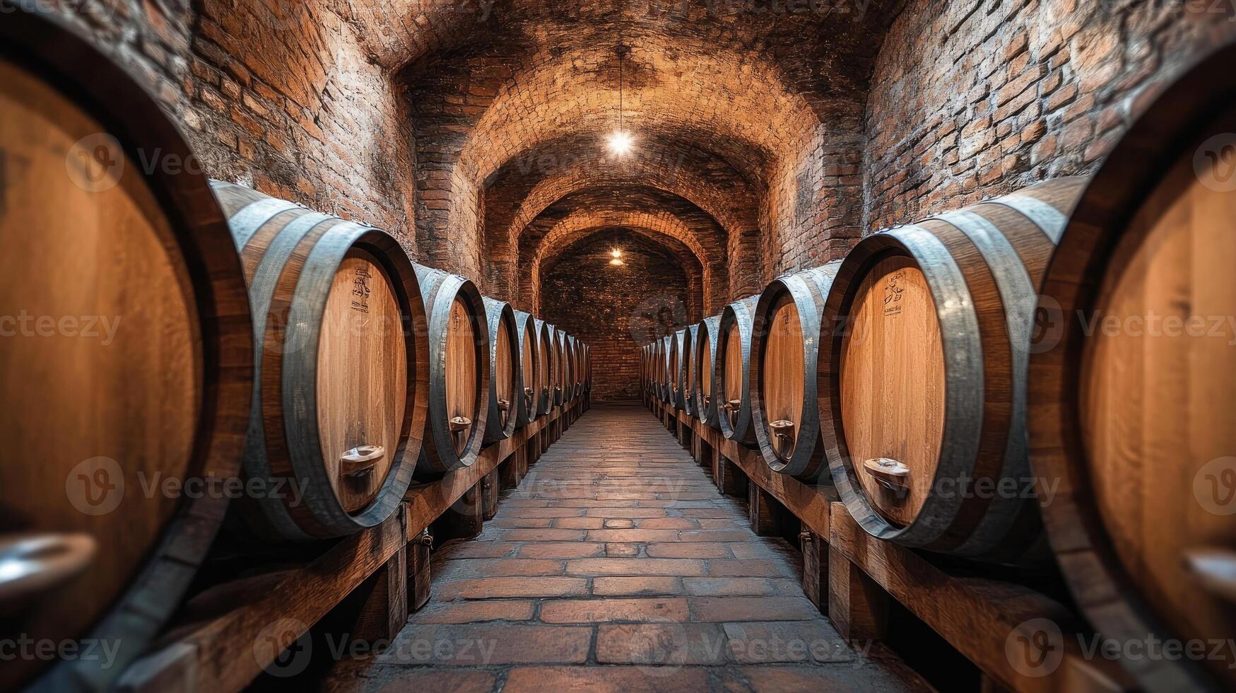 Wine cellar storing alcohol in oak barrels for production photo