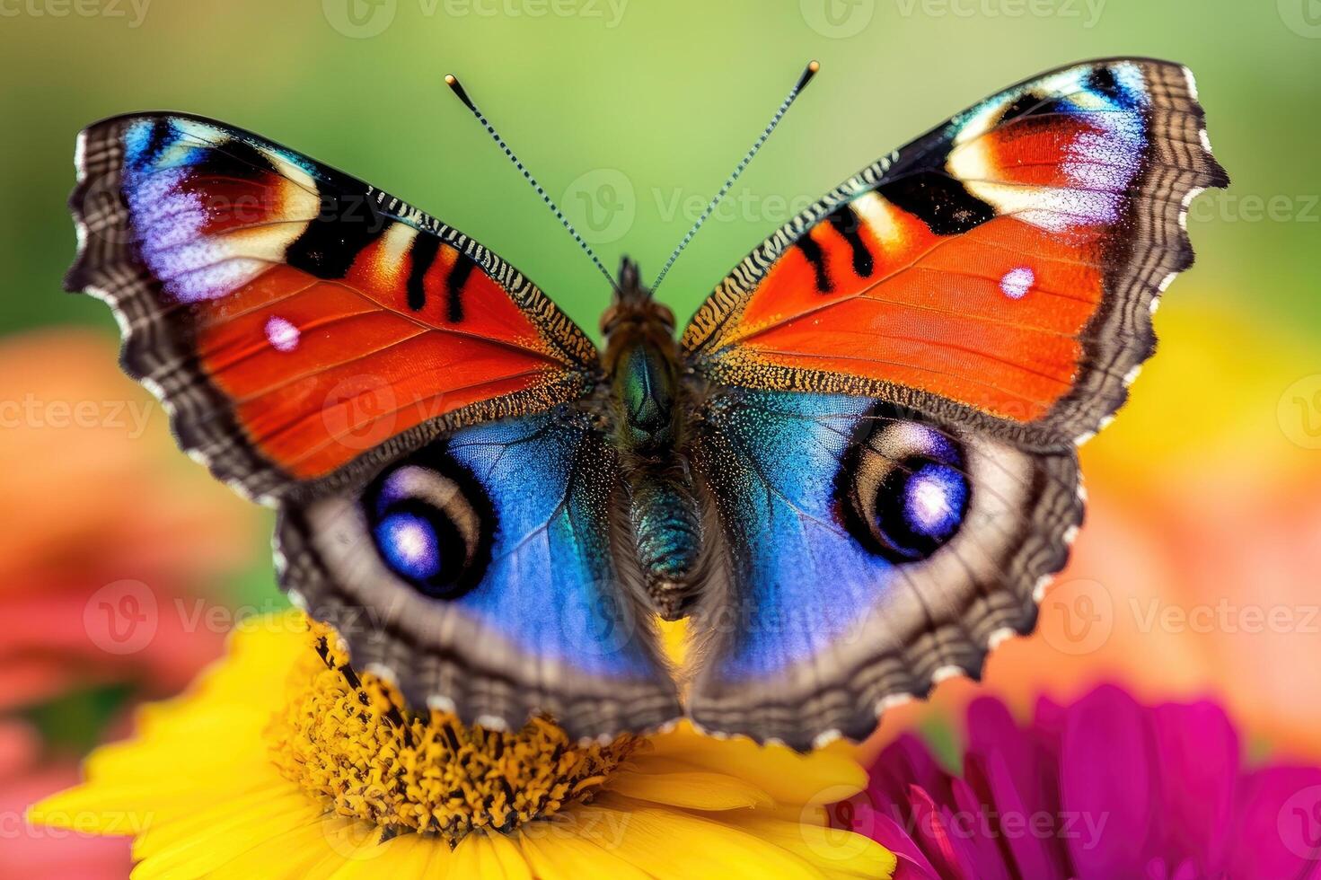 Beautiful peacock butterfly opening wings on colorful flower photo