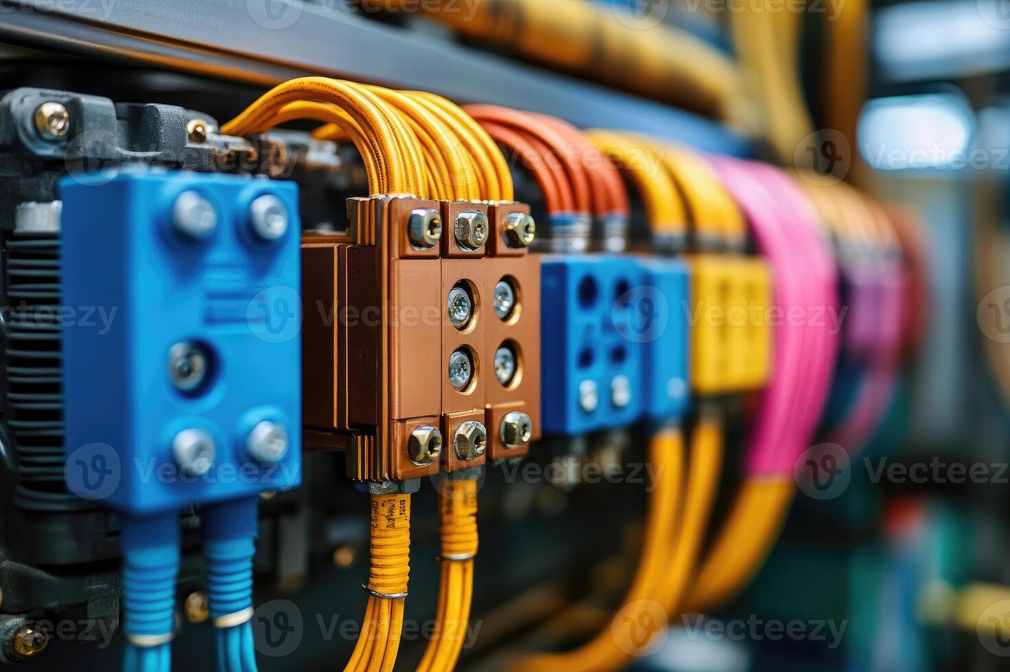 New server rack with colorful electrical cables connected to power supply photo