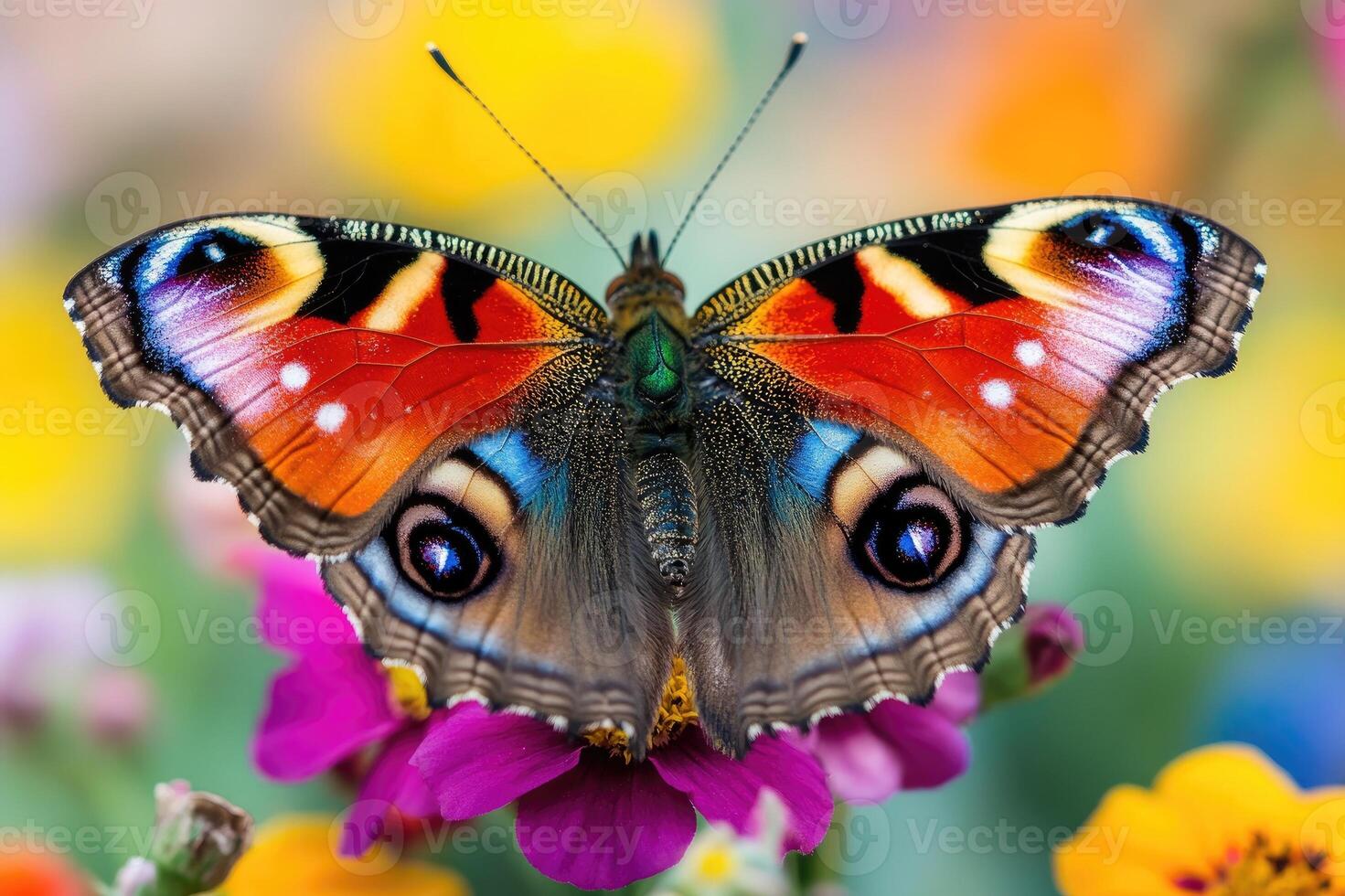 Beautiful peacock butterfly opening wings on colorful flower photo