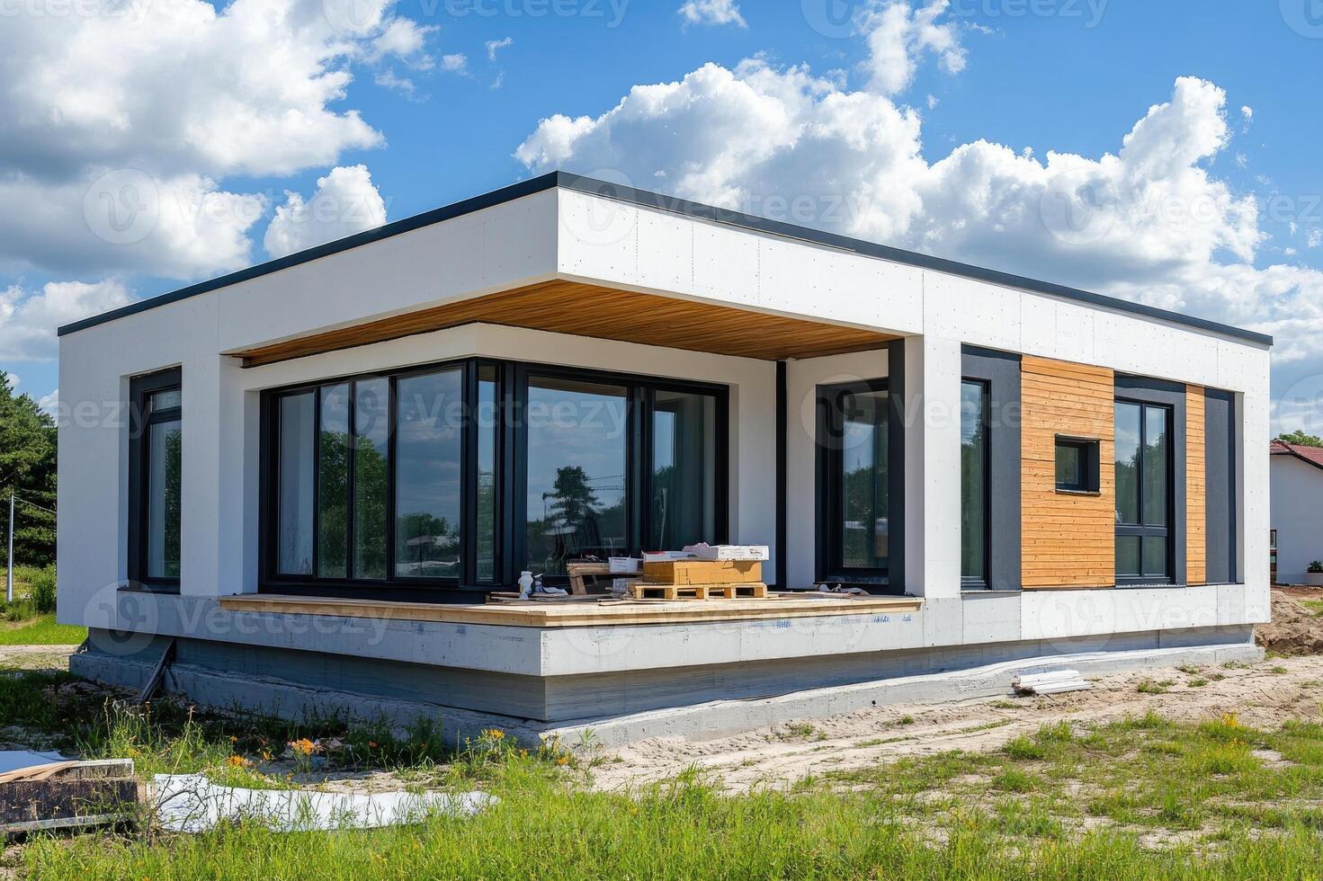 Modern cubic house under construction with exposed concrete and wood photo