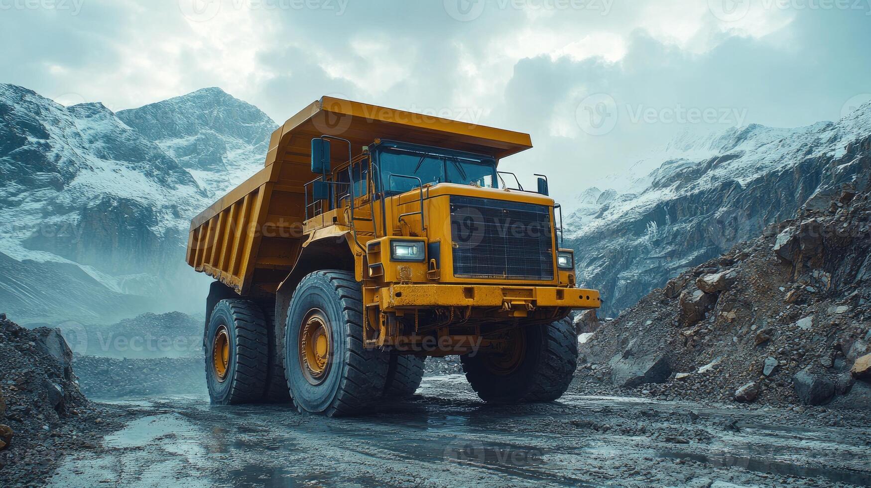 Big yellow mining dump truck moving on dusty road in open pit mine photo