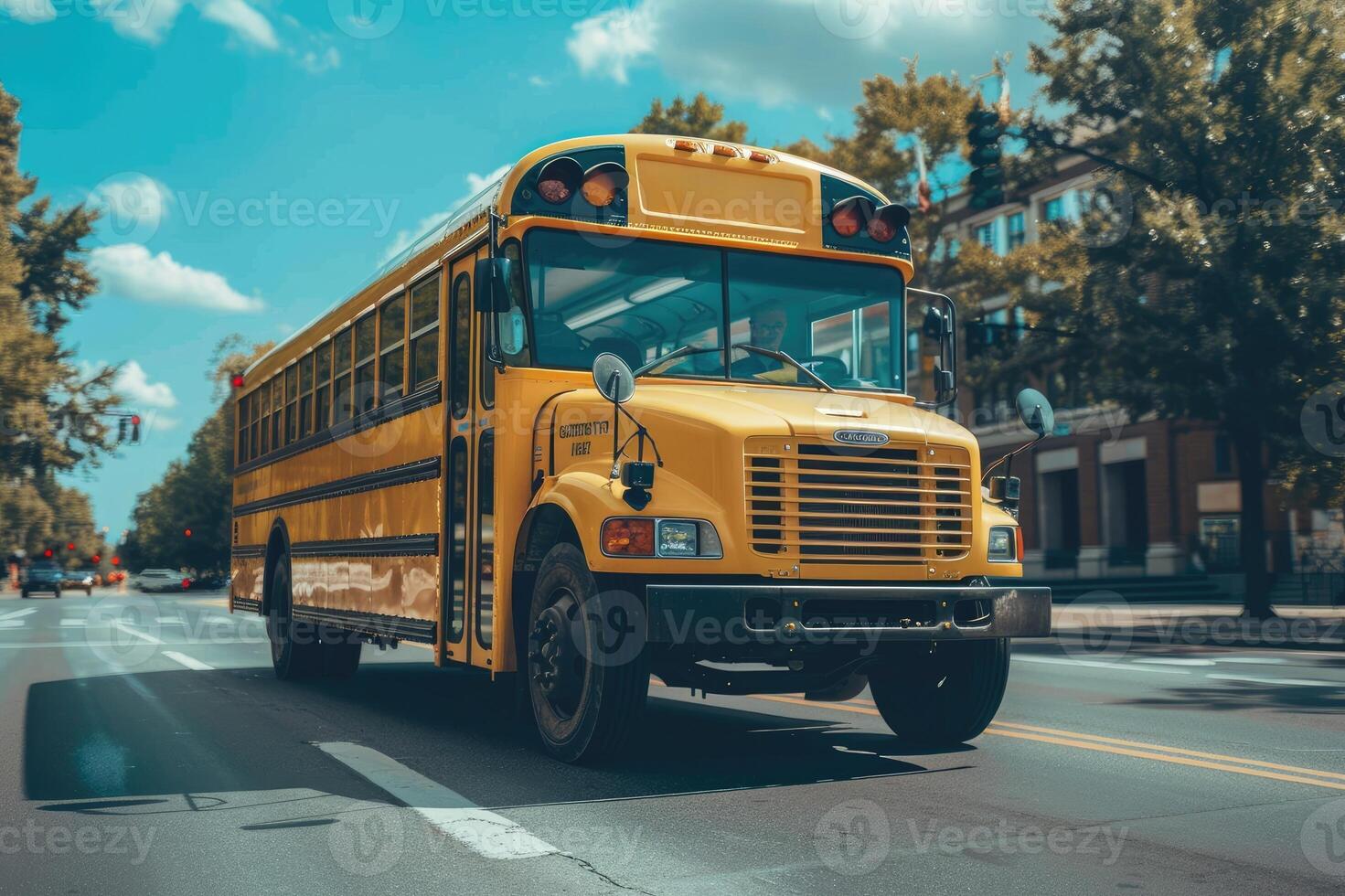 Yellow school bus driving students on a suburban street photo