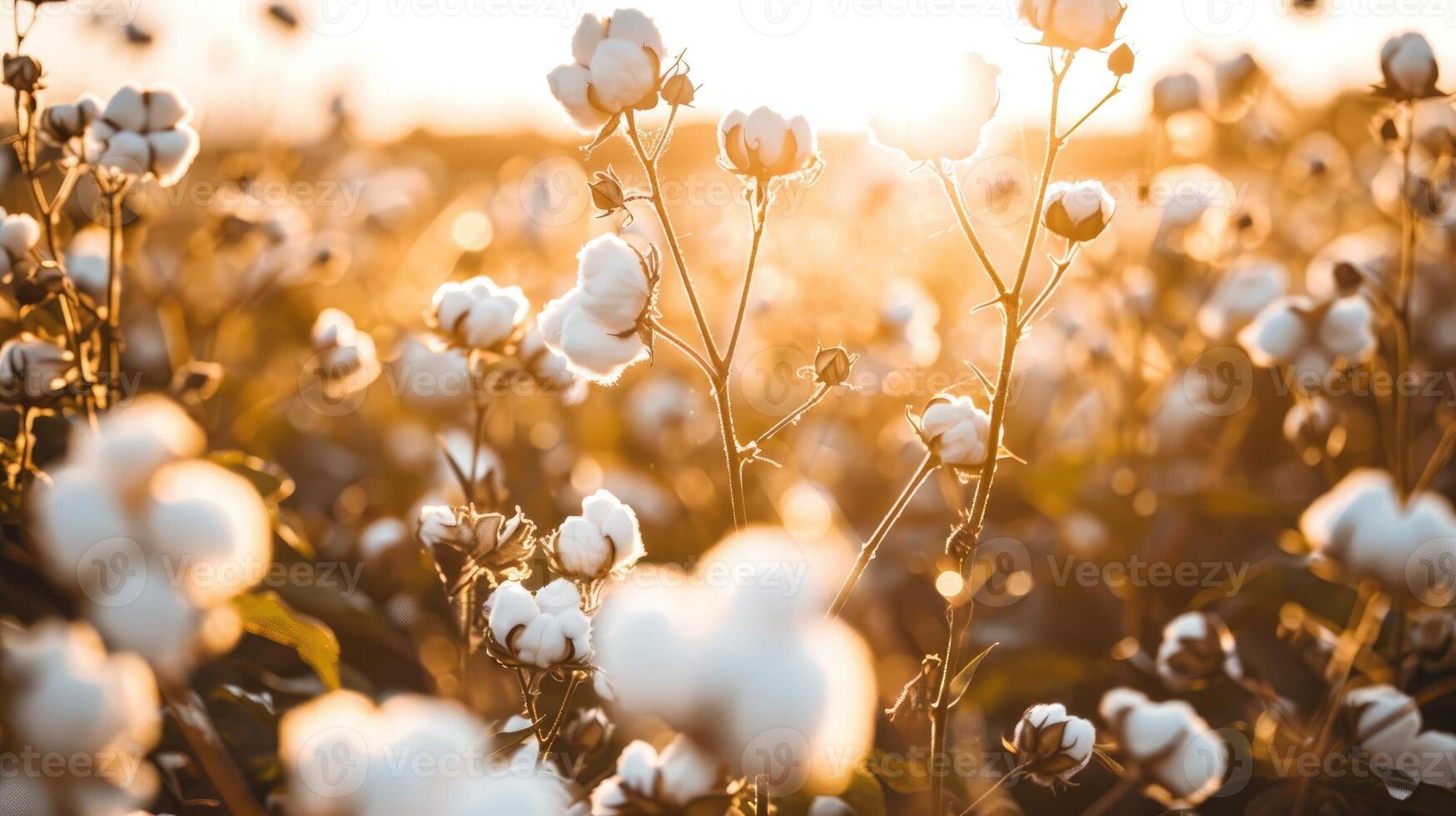 Beautiful cotton field at sunset, with cotton plant ready for harvesting photo
