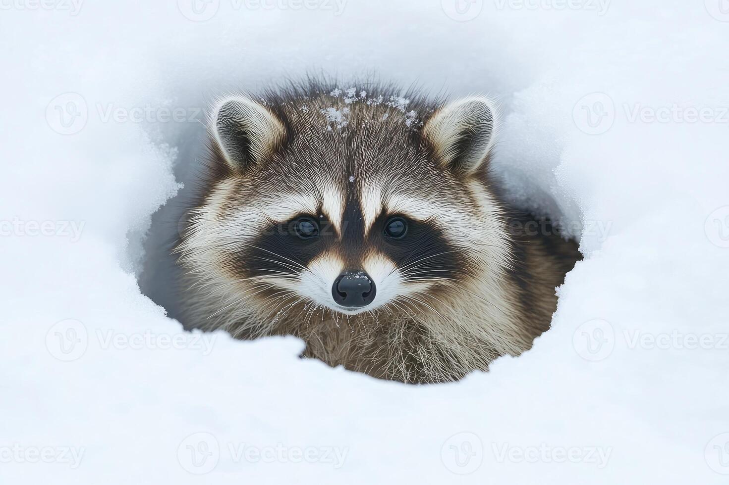 Curious raccoon peeks out from its snowy burrow photo