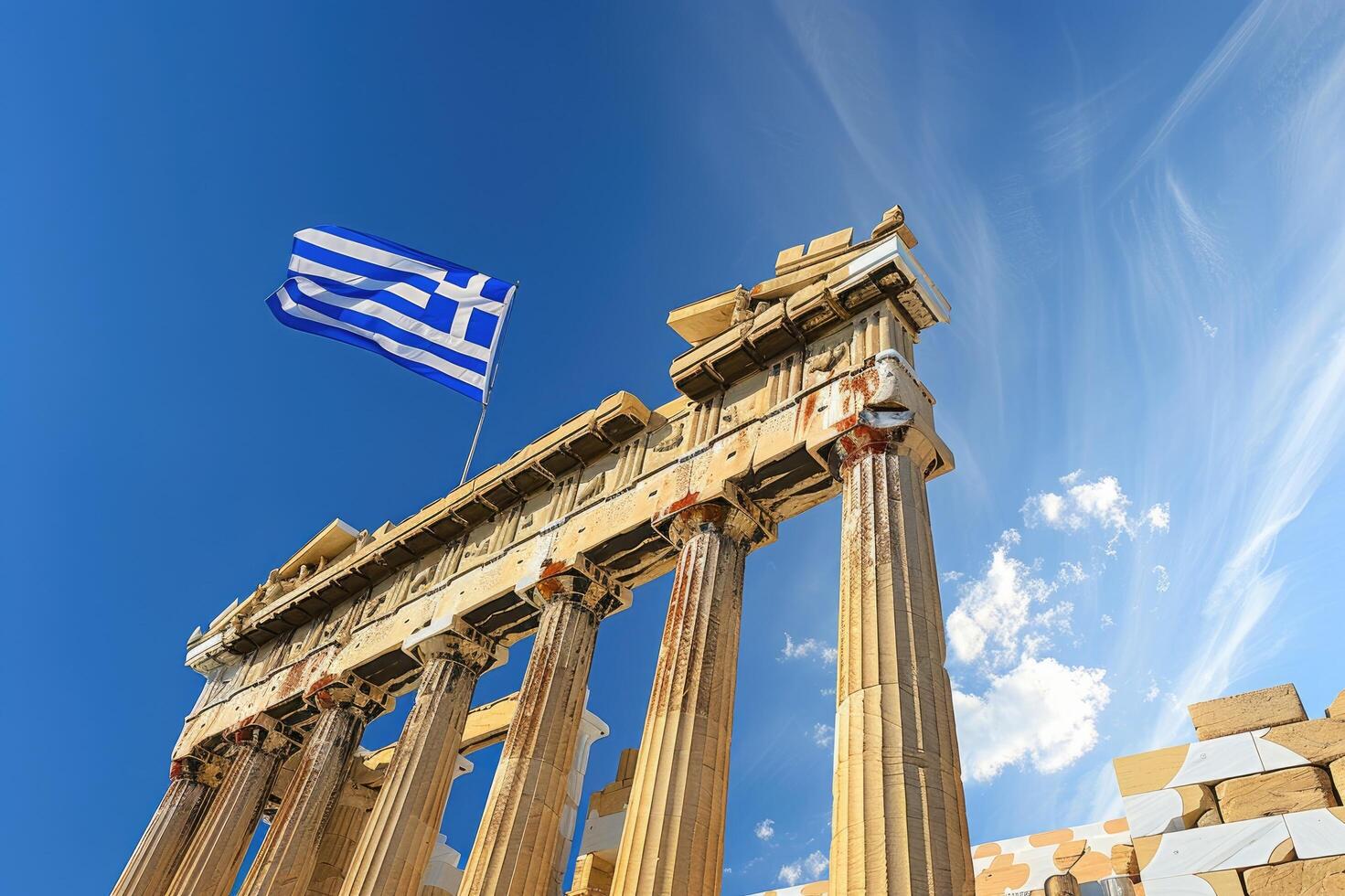 Greek flag waving over ancient ruins of parthenon temple on acropolis hill in athens photo