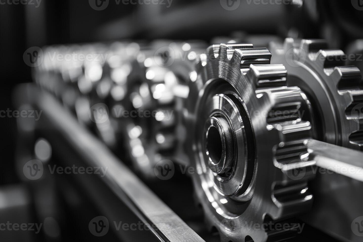 Closeup of metal gears forming a complex mechanism photo