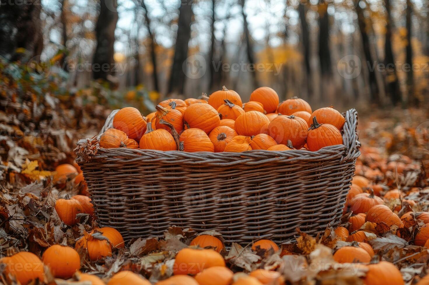 Wicker basket overflowing with pumpkins in autumn forest photo
