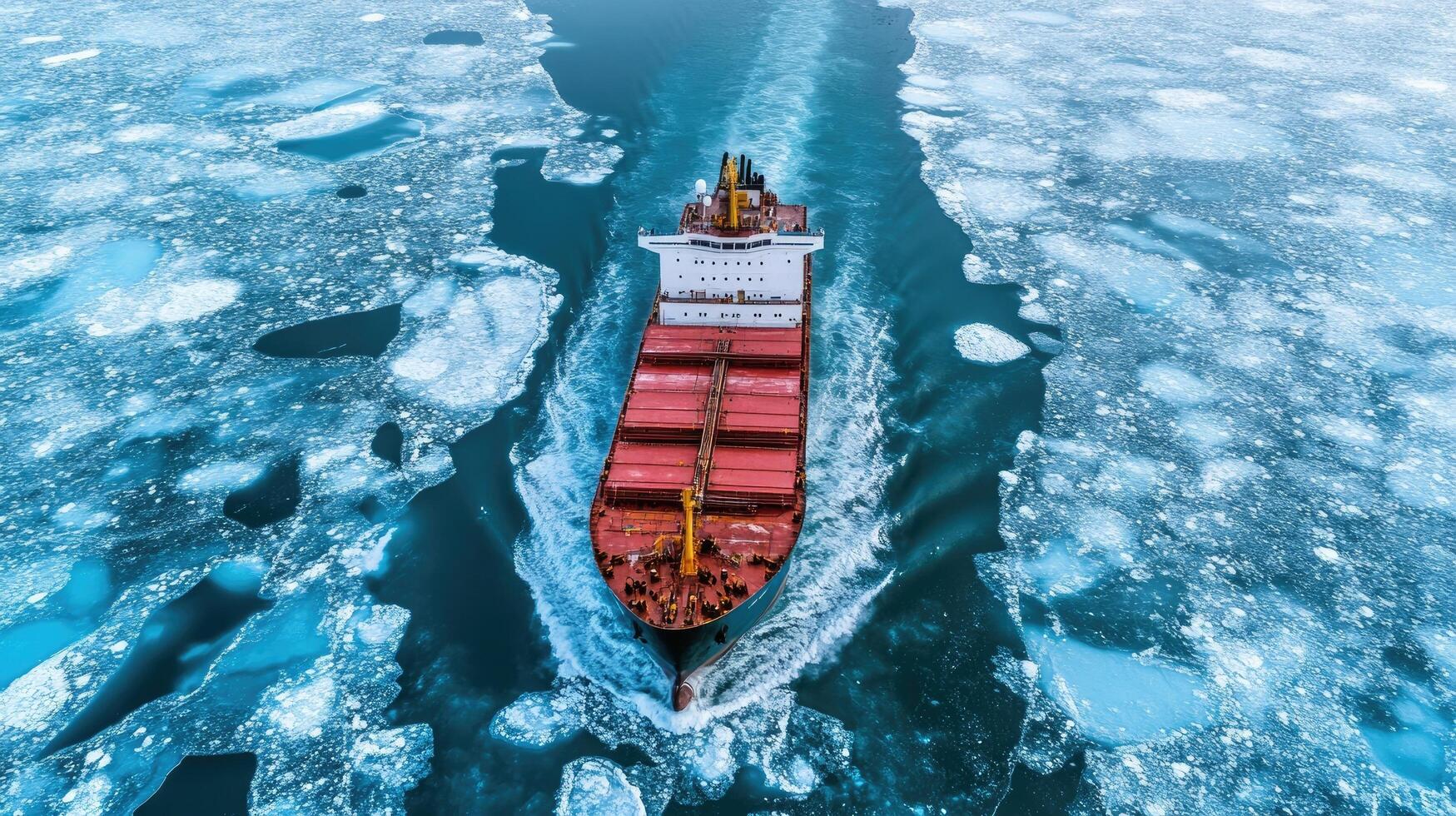 Red icebreaker ship breaking through frozen arctic ocean photo