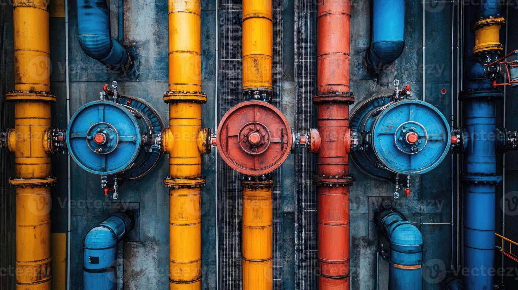 Industrial pipeline system delivering resources with colorful pipes and valves photo