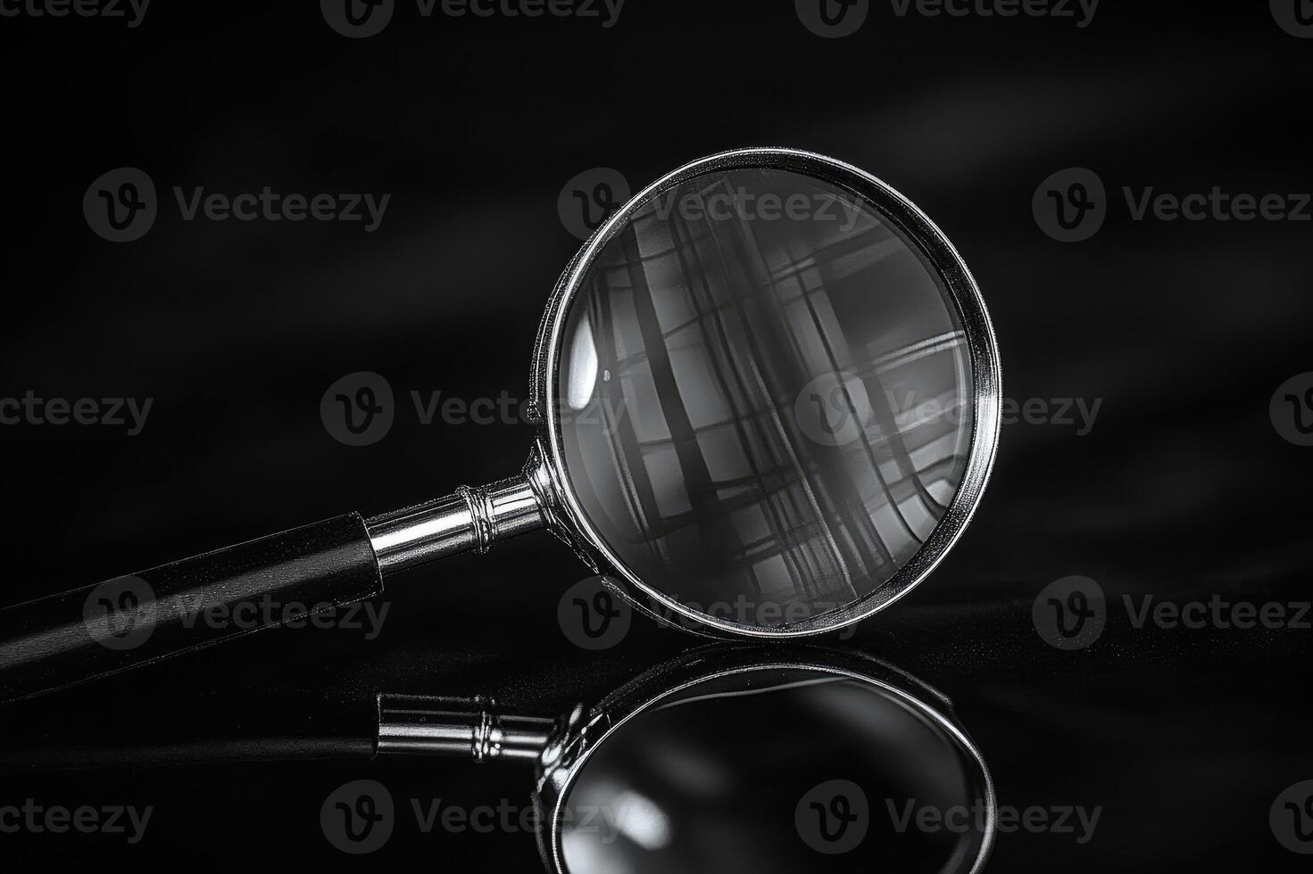 Magnifying glass on black background exploring the unknown photo