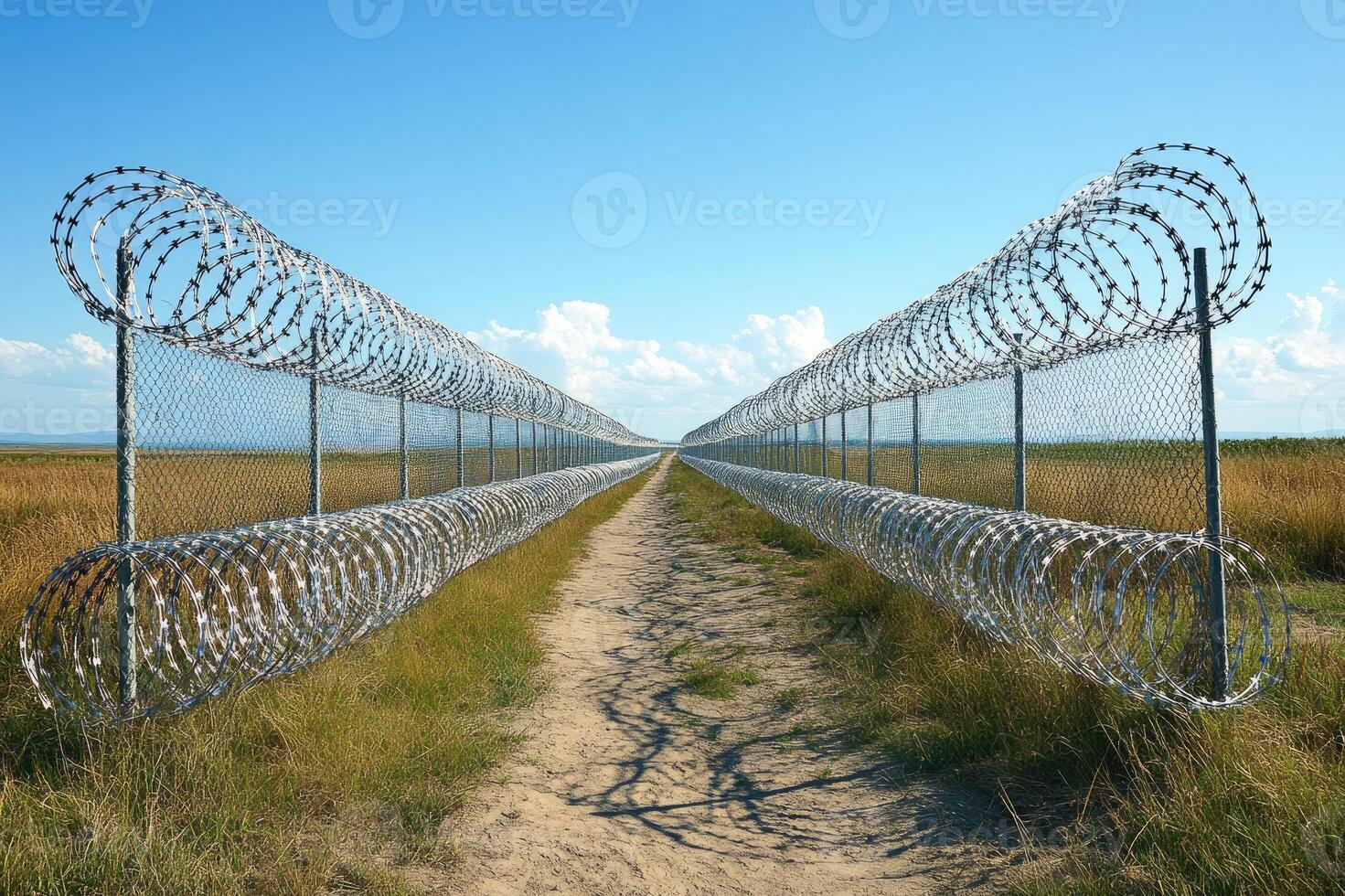Barbed wire fence creating a secure border line under blue sky photo