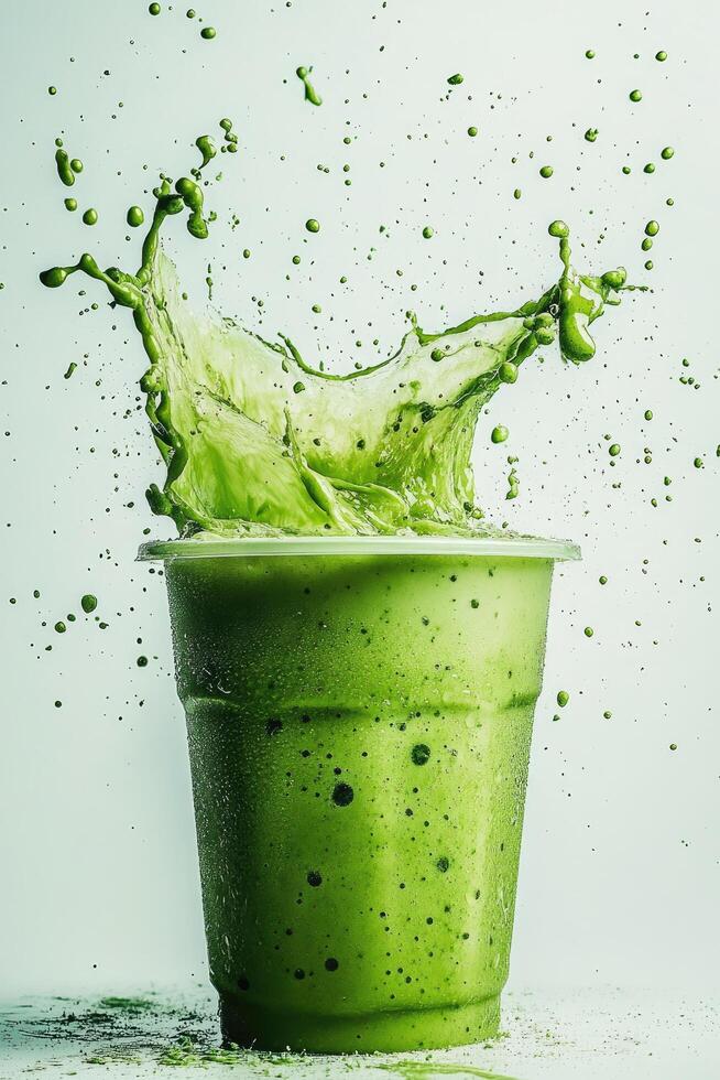 Green smoothie splashing out of plastic cup photo