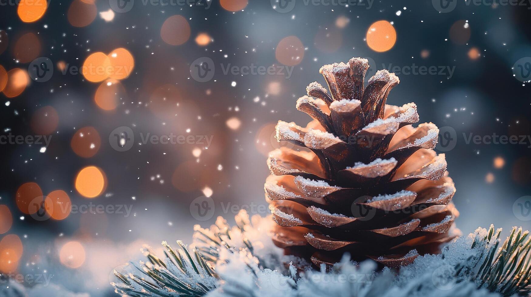 Pine cone covered with snow resting on a branch in winter with falling snow and bokeh lights photo