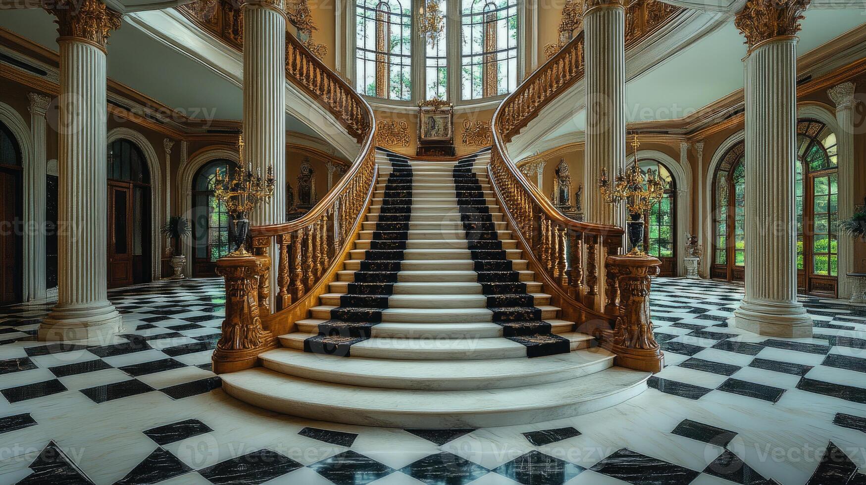 Elegant white staircase with black railing in luxurious hall photo
