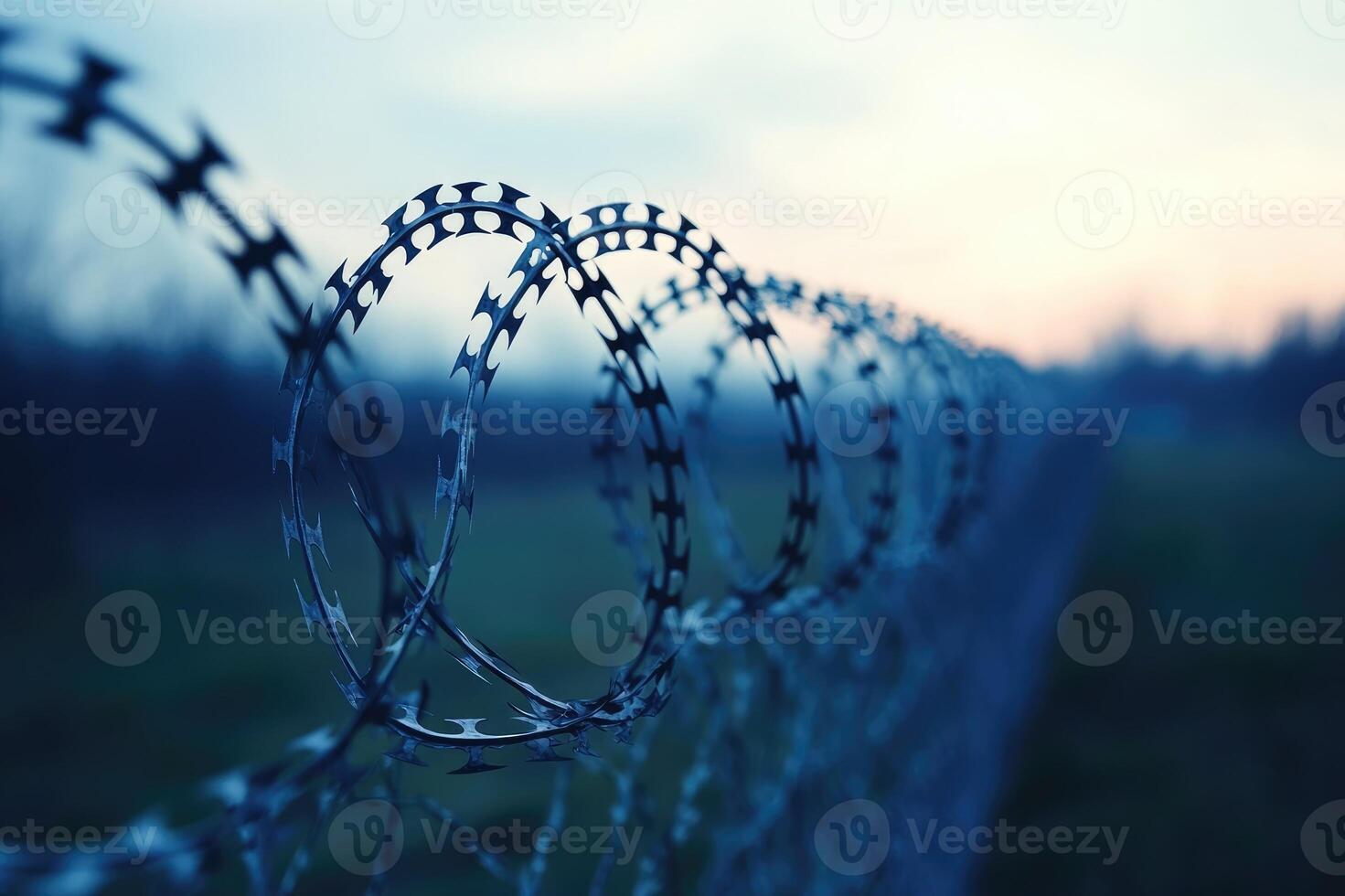 Barbed wire fence creating a secure border line under blue sky photo