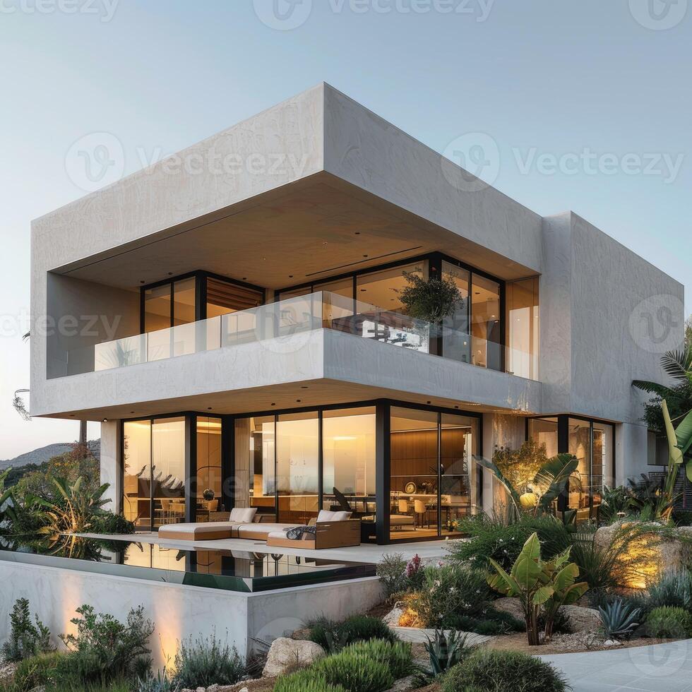 Modern white cube house with swimming pool illuminating at dusk photo