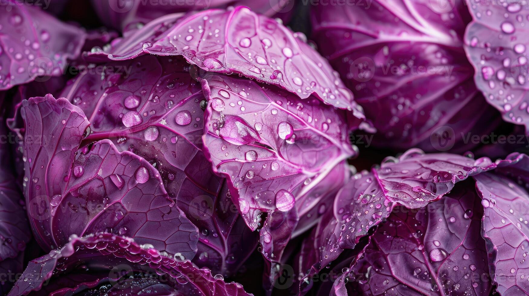 Close-up of fresh red cabbages with water drops on their leaves. photo