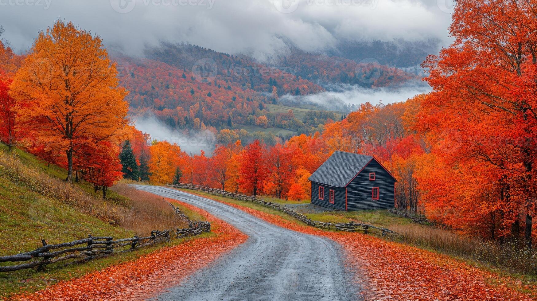 Country road winding through foggy autumn forest leading to log cabin photo
