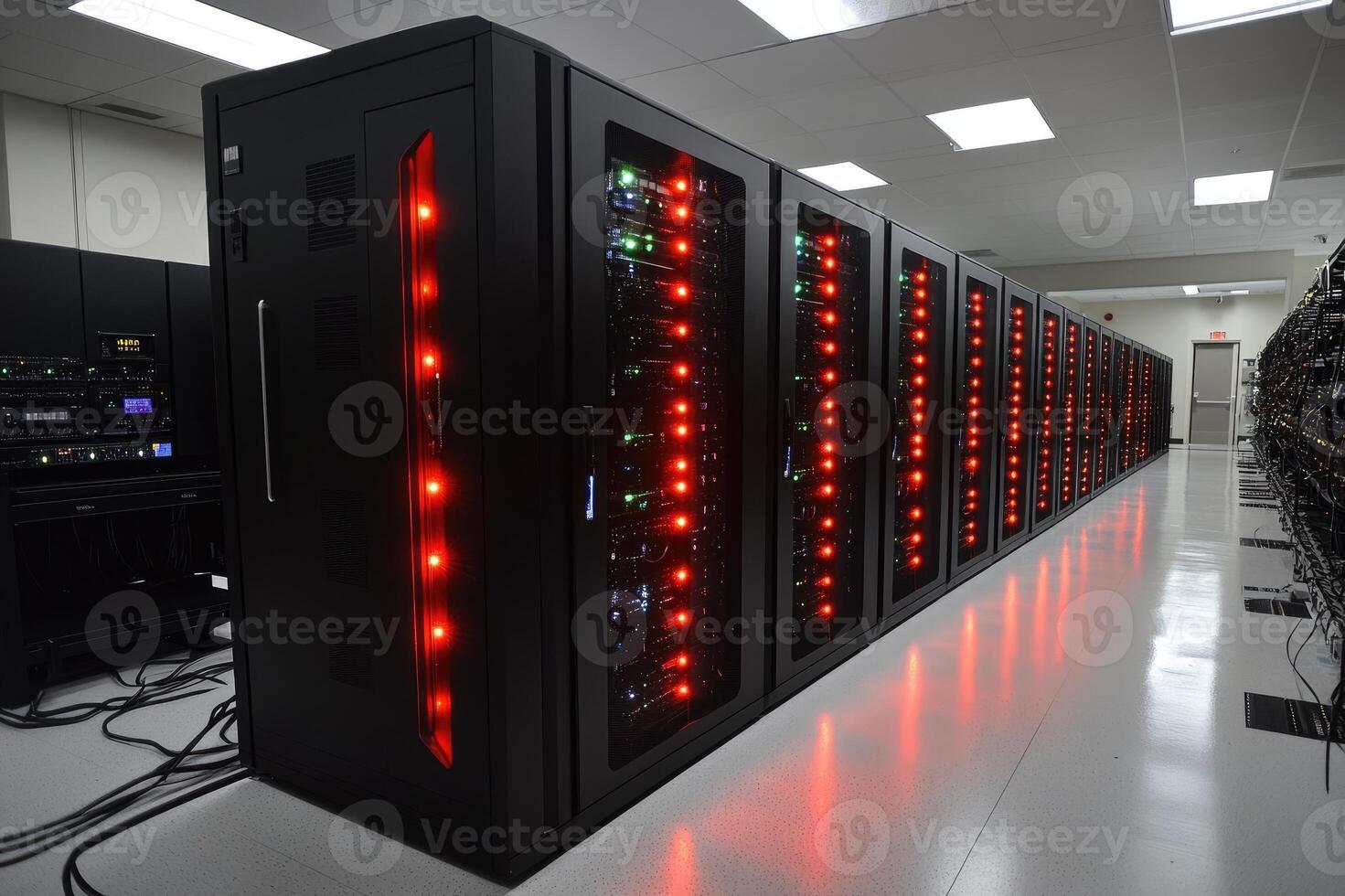 Modern supercomputer running calculations with glowing red lights photo