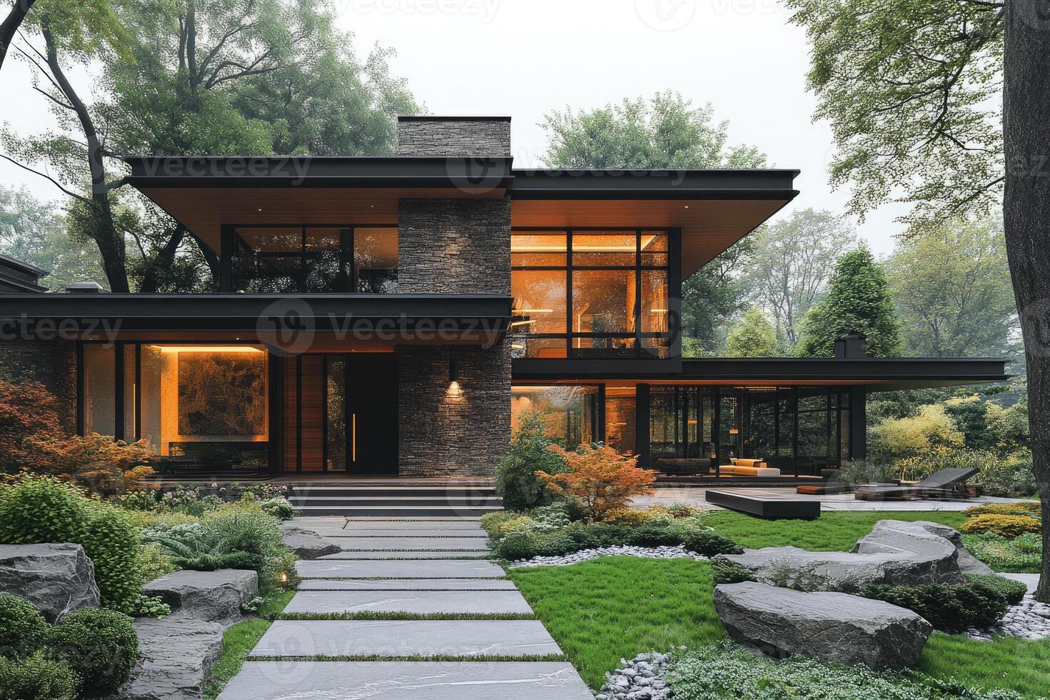 Modern luxury home exterior surrounded by lush greenery at twilight photo