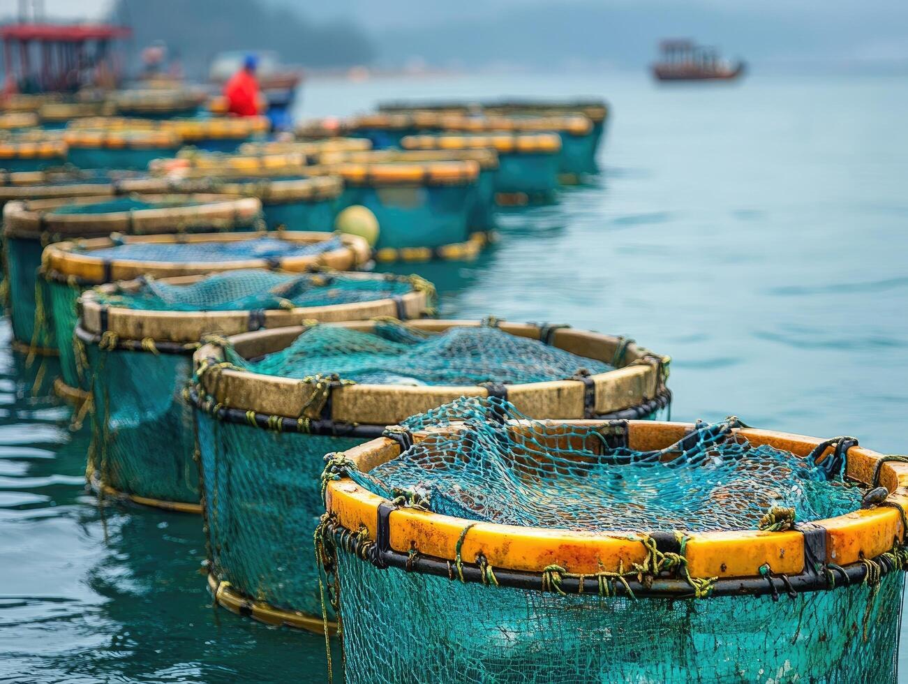 Round fish farm cages floating on calm blue sea water photo