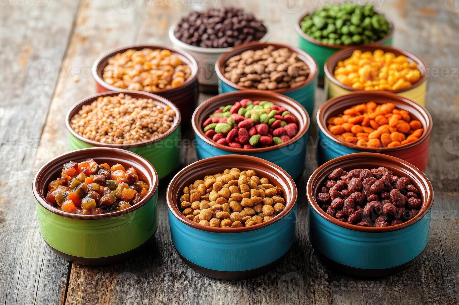 Variety of dry and wet pet food in colorful ceramic bowls on wooden background photo