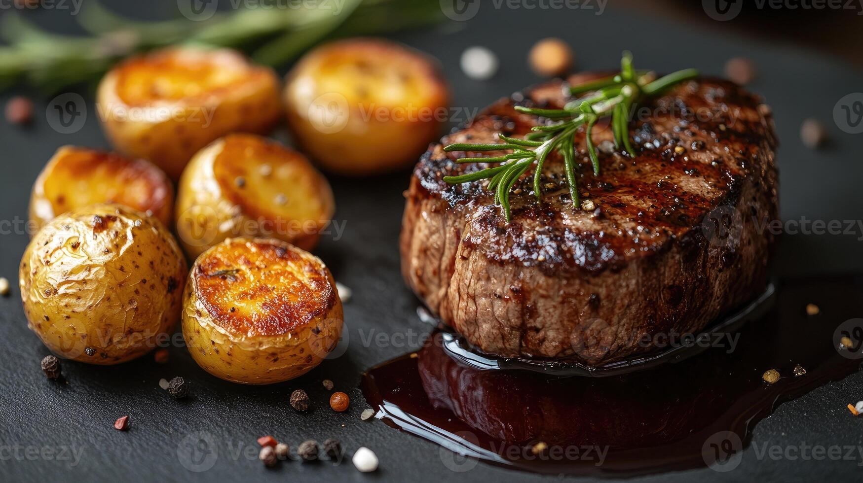 Juicy steak served on plate with roasted potatoes and cranberry sauce photo