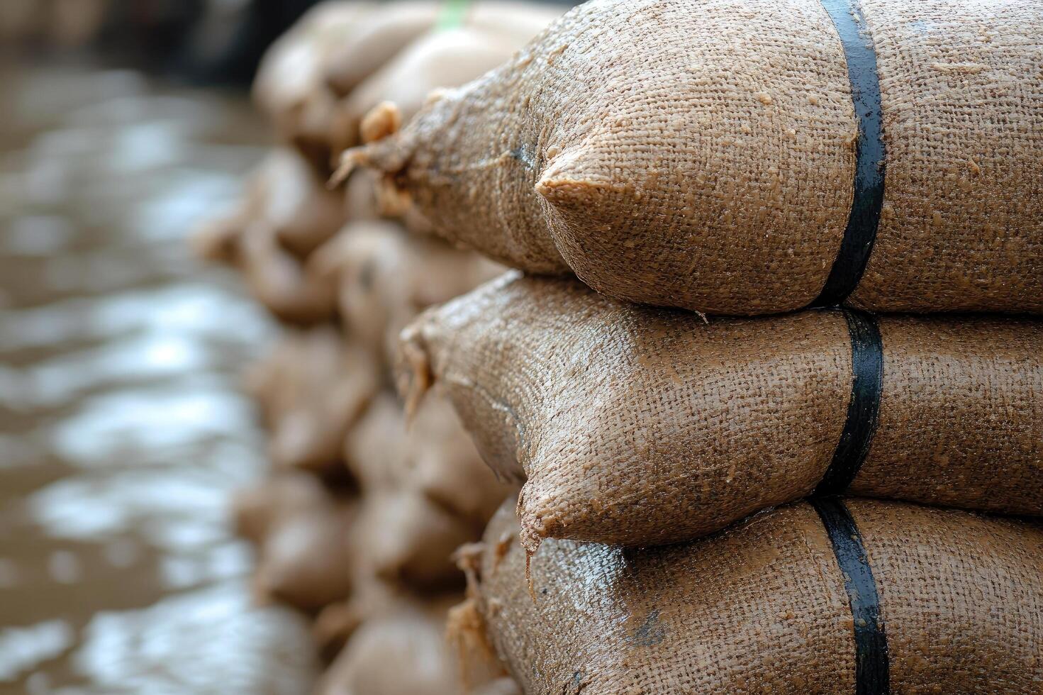 Wall of sandbags protecting from flood damage photo