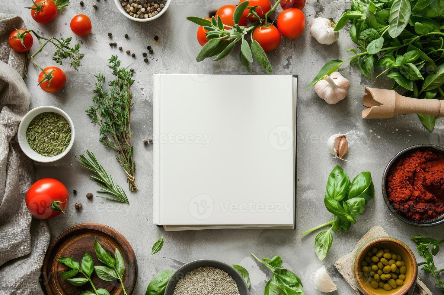 Blank white book cover mock-up on an Italian kitchen table surrounded by fresh herbs and Italian ingredients photo