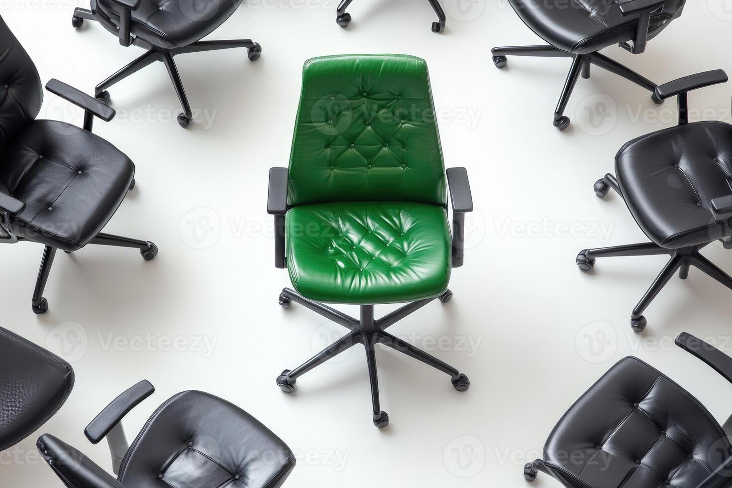 Green office chair standing out from the crowd of black office chairs photo