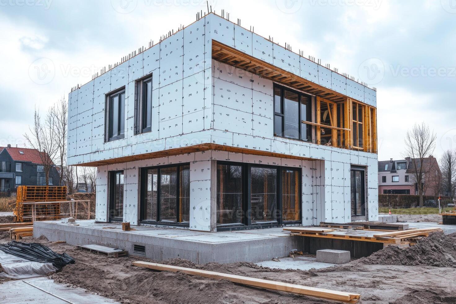 Modern cubic house under construction with exposed concrete and wood photo