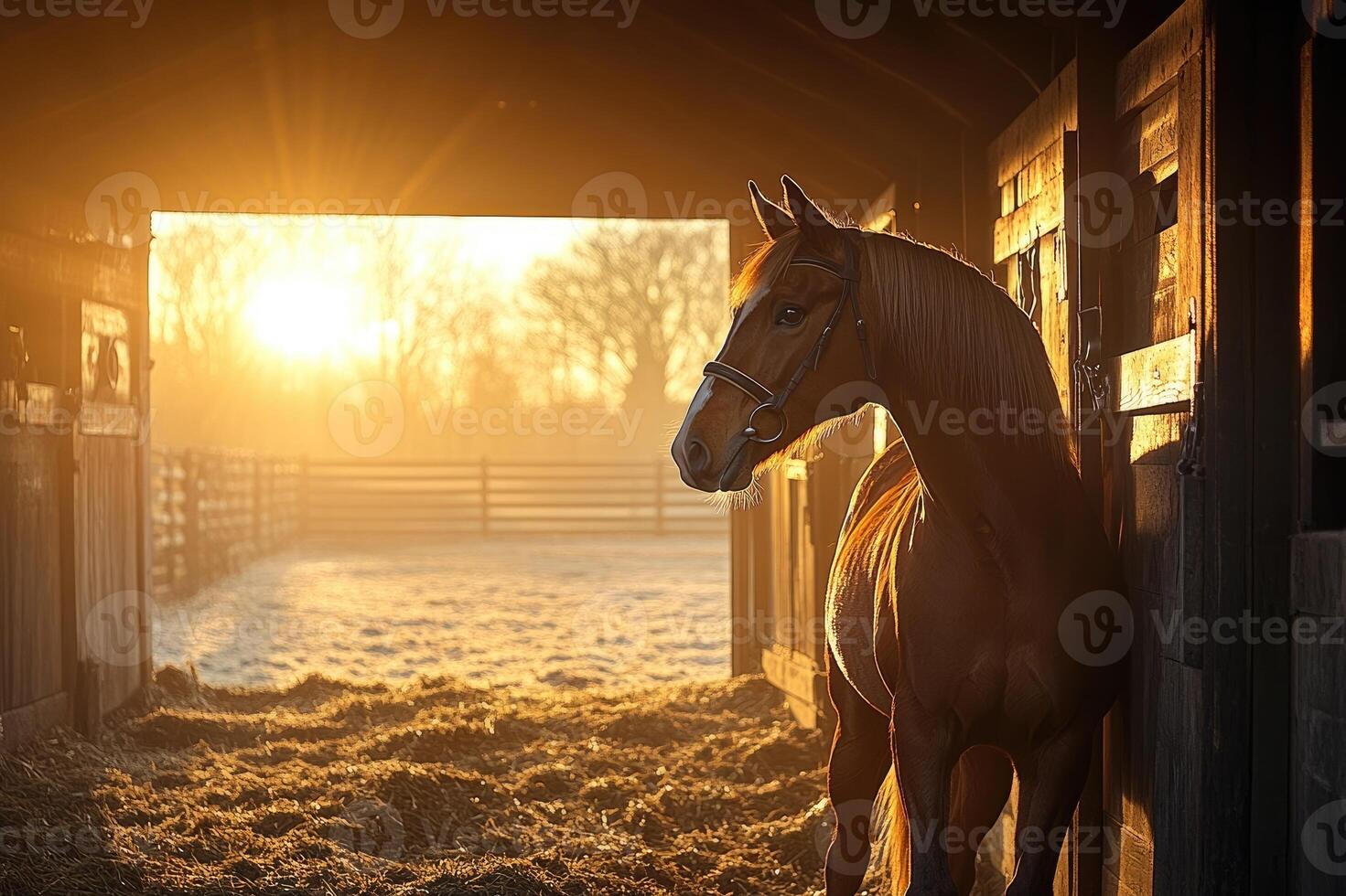 Horse standing in stable doorway at sunrise photo
