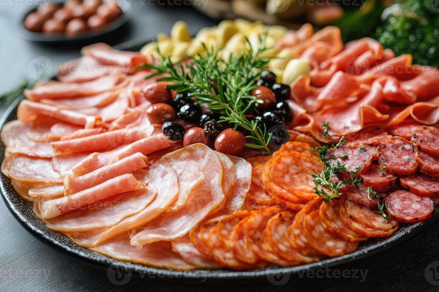 Wooden platter presenting variety of delicious cured meat delicatessen photo