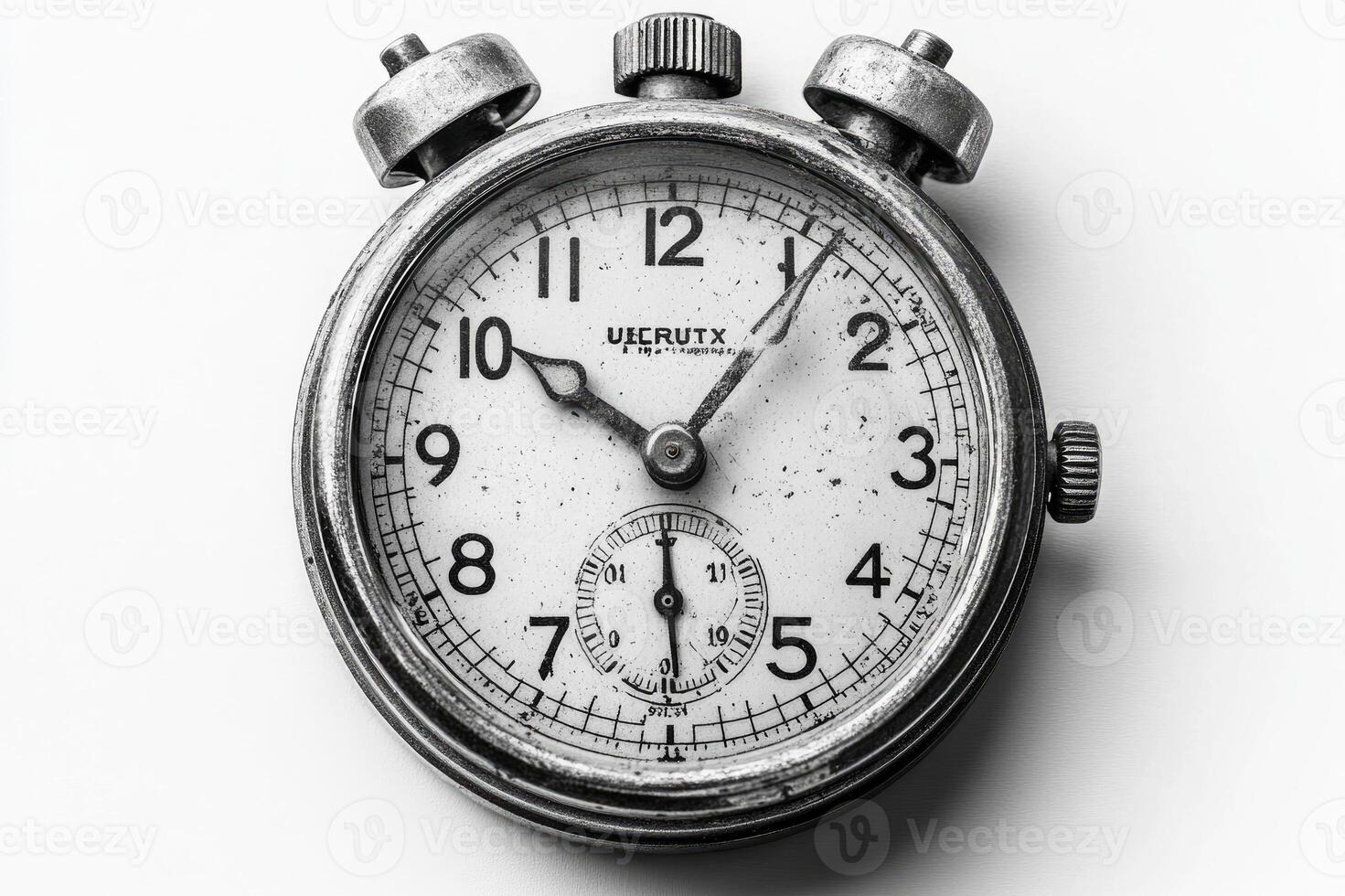 Old stopwatch showing time passing by sitting on white background photo