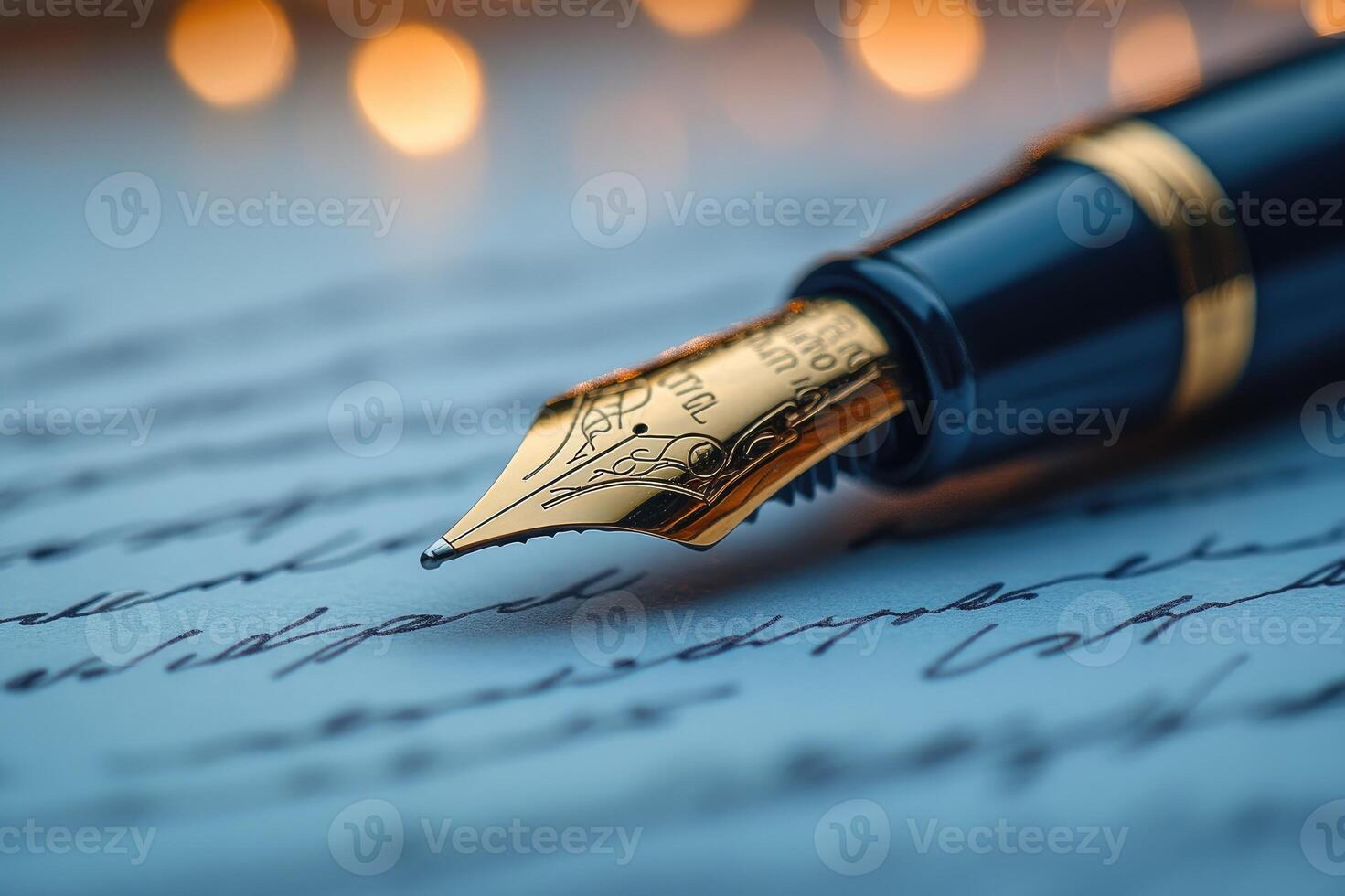 Golden fountain pen writing on paper with cursive handwriting photo