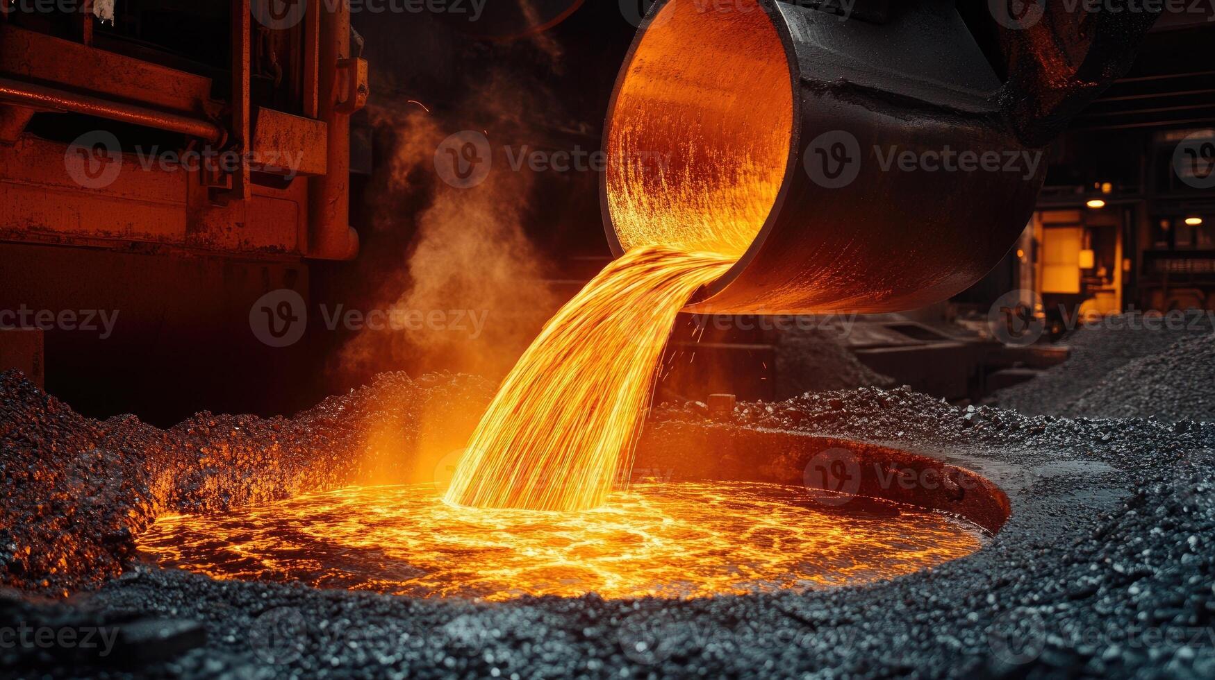 Liquid molten slag pouring from bucket at metallurgical plant photo